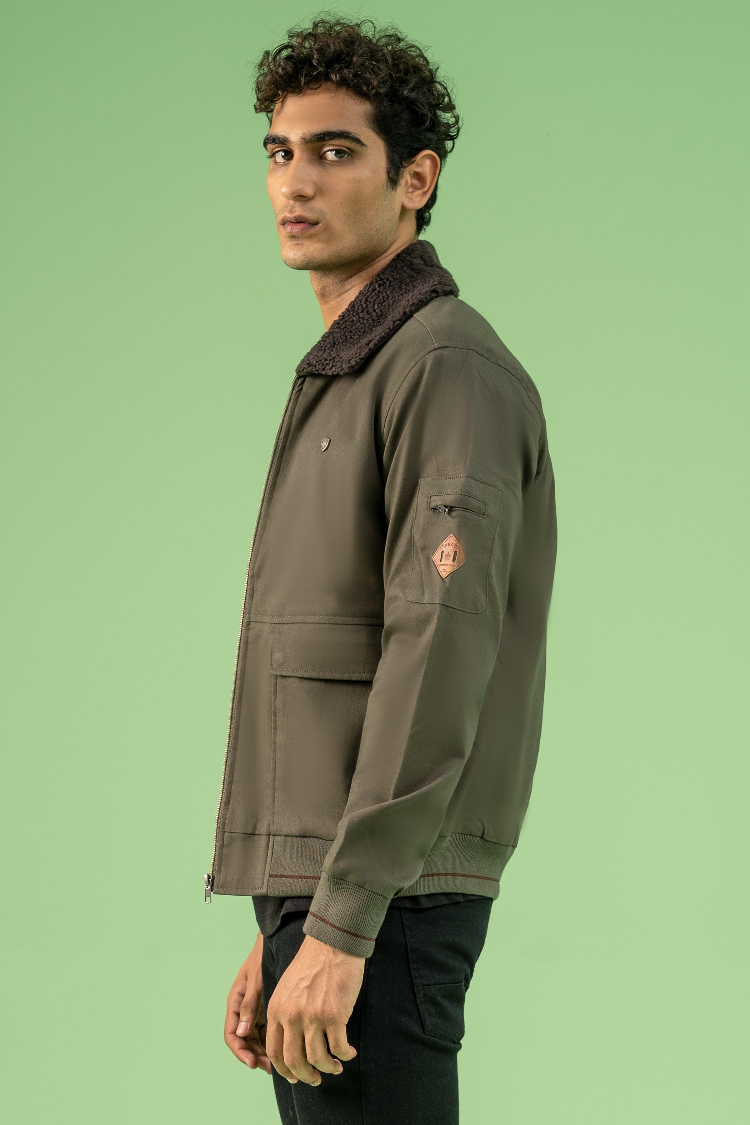 FULL SLEEVE FUR COLLAR COTTON JACKET DARK OLIVE at Charcoal Clothing