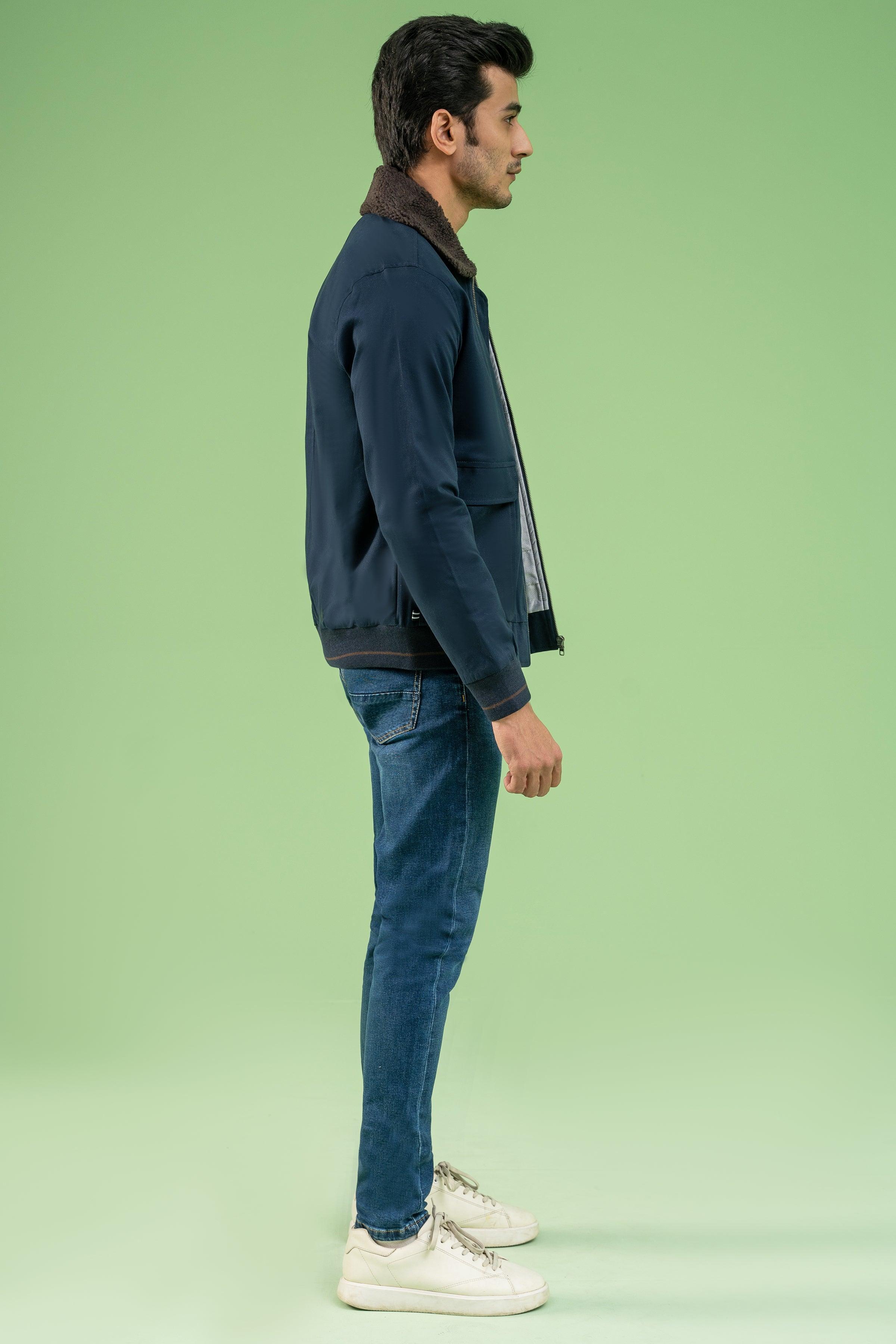 Navy cotton jacket with faux fur collar, full sleeves, zip front and chest pocket