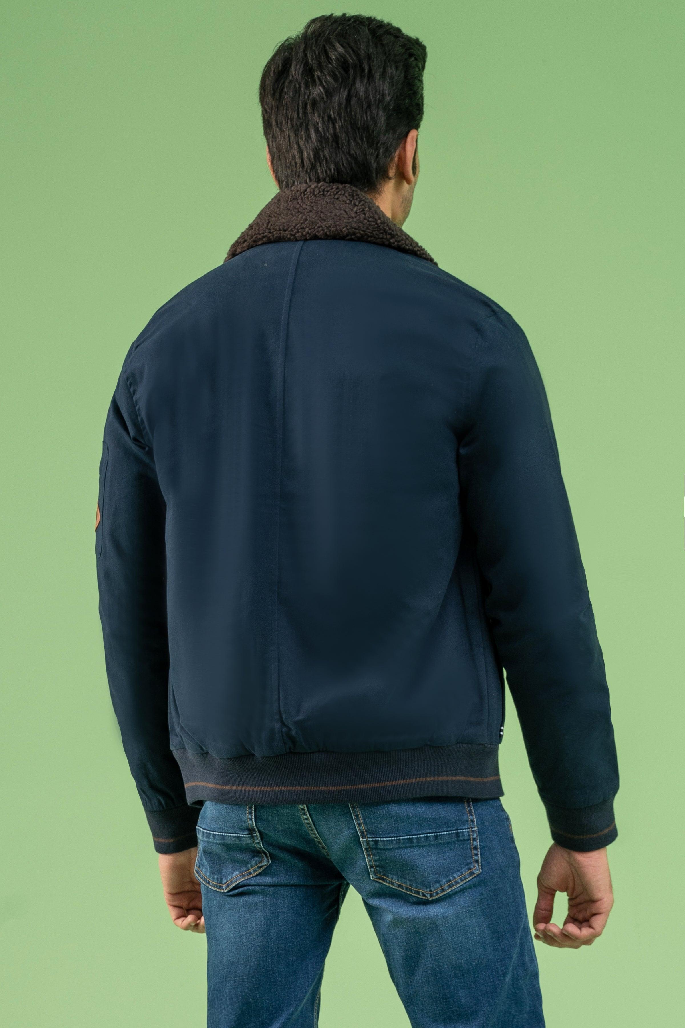 Navy cotton jacket with faux fur collar, full sleeves and back yoke