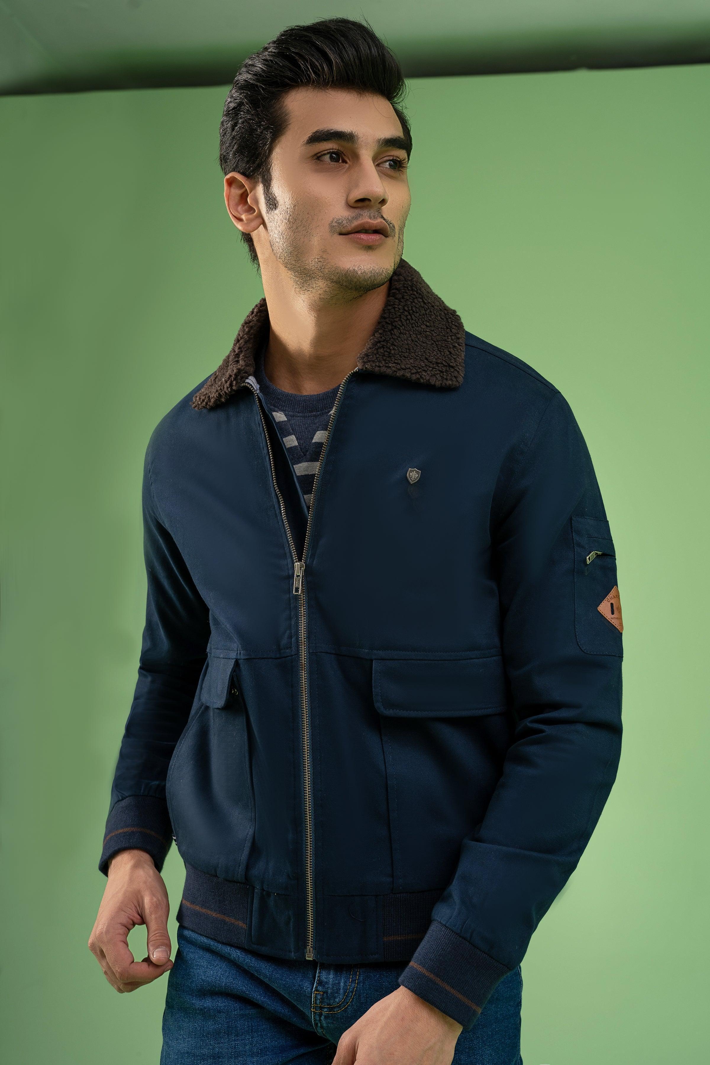 FULL SLEEVE FUR COLLAR COTTON JACKET NAVY at Charcoal Clothing