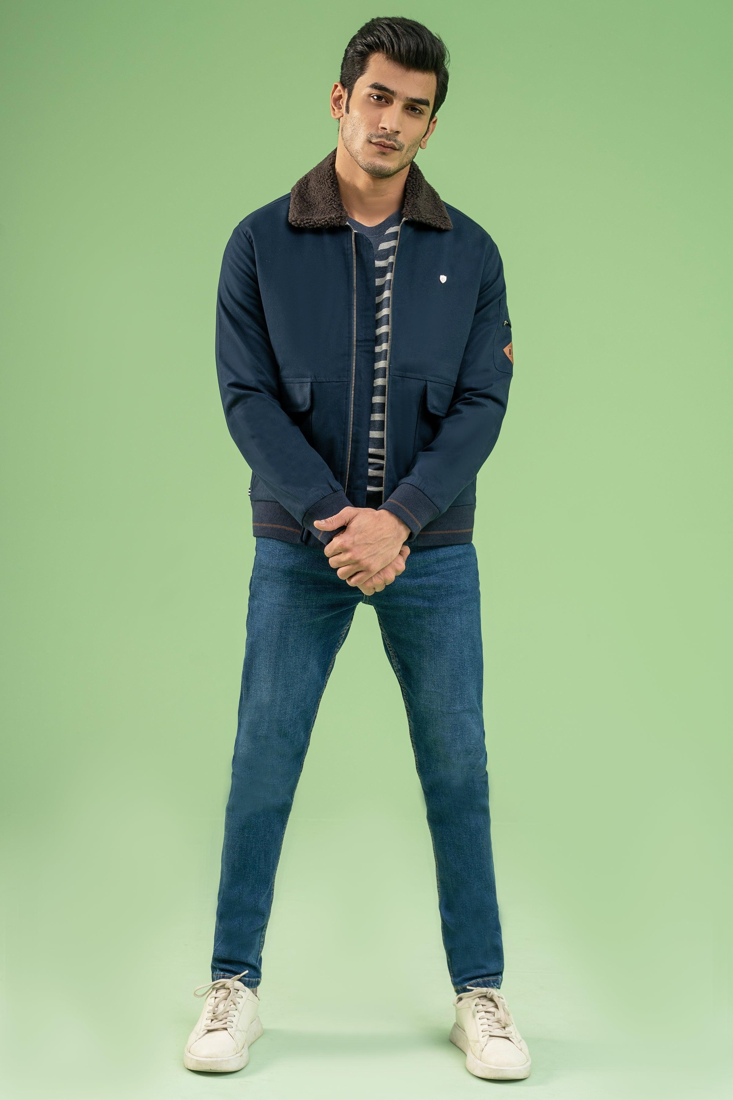 FULL SLEEVE FUR COLLAR COTTON JACKET NAVY at Charcoal Clothing