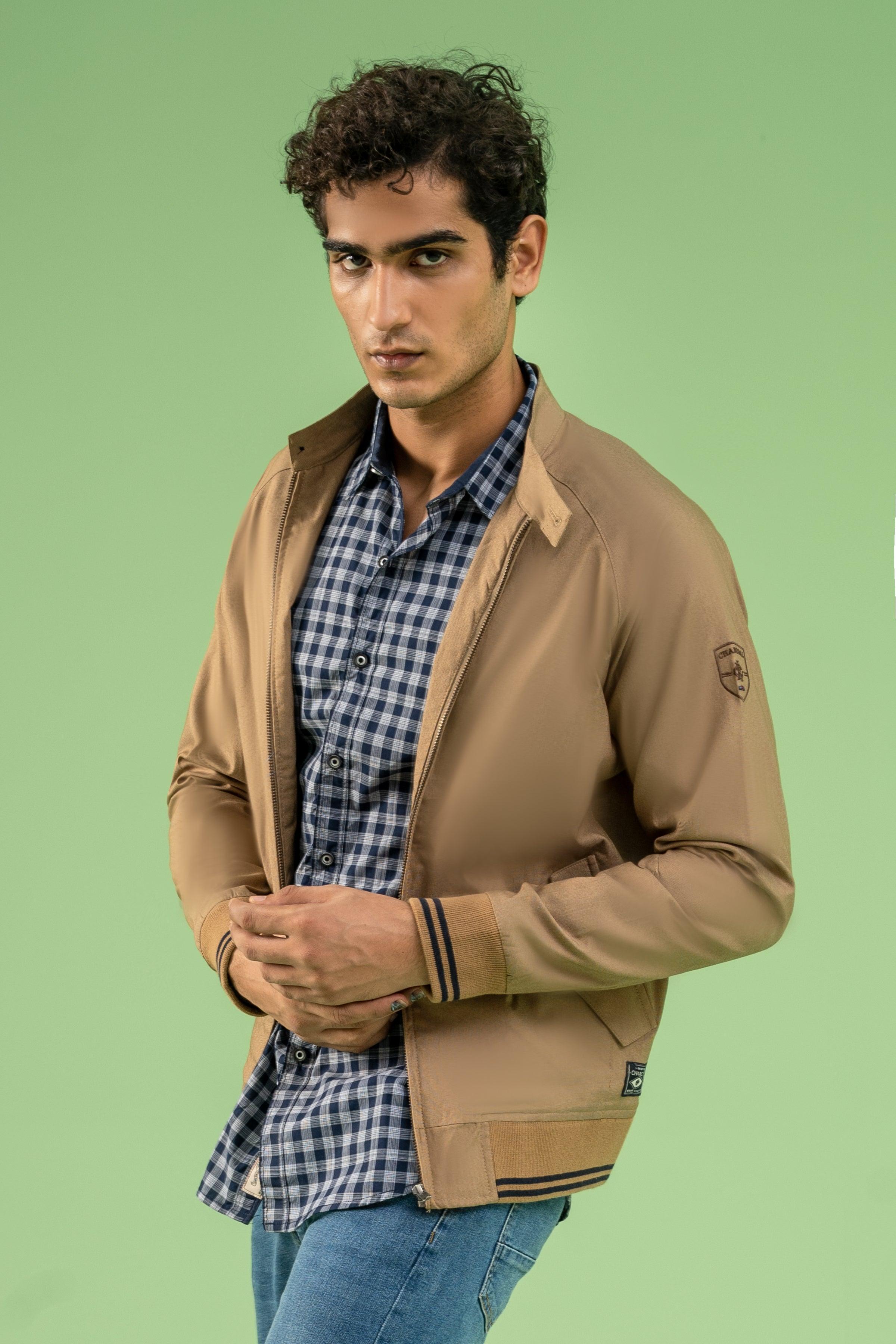 FULL SLEEVE TIPPING TEXTURED JACKET KHAKI at Charcoal Clothing