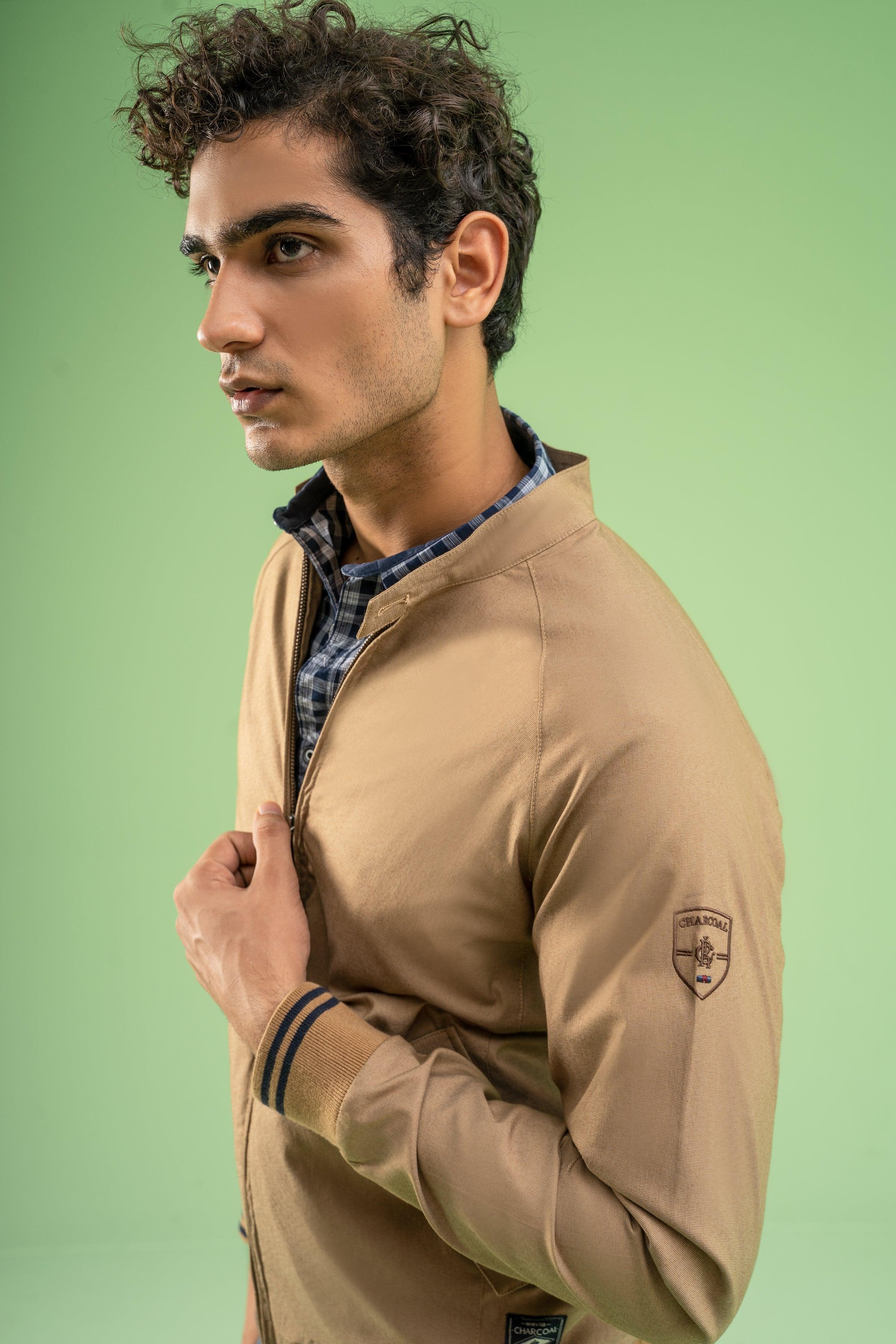 FULL SLEEVE TIPPING TEXTURED JACKET KHAKI at Charcoal Clothing