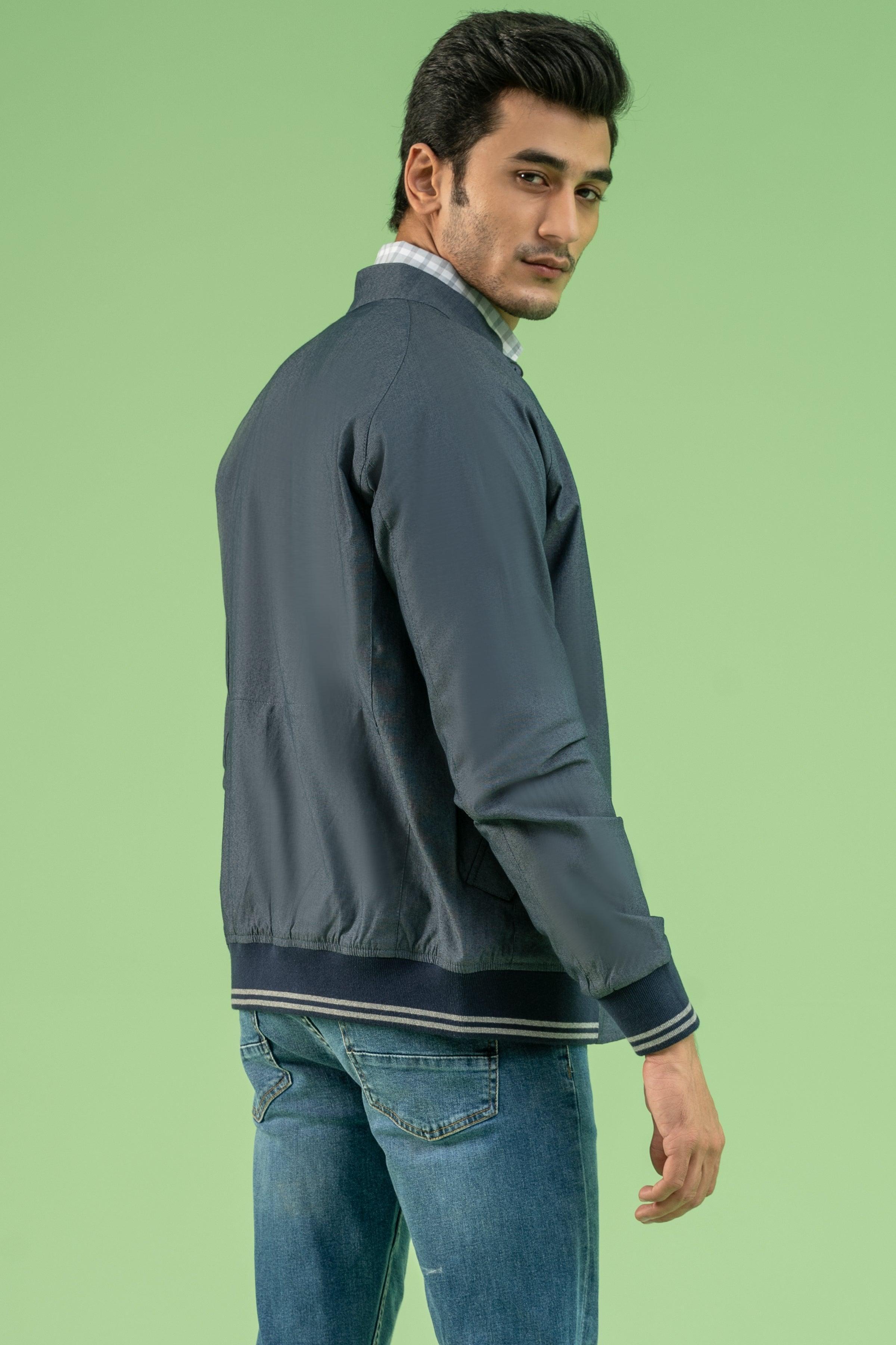 Navy textured full-sleeve jacket with contrast hem and collar tipping, side view