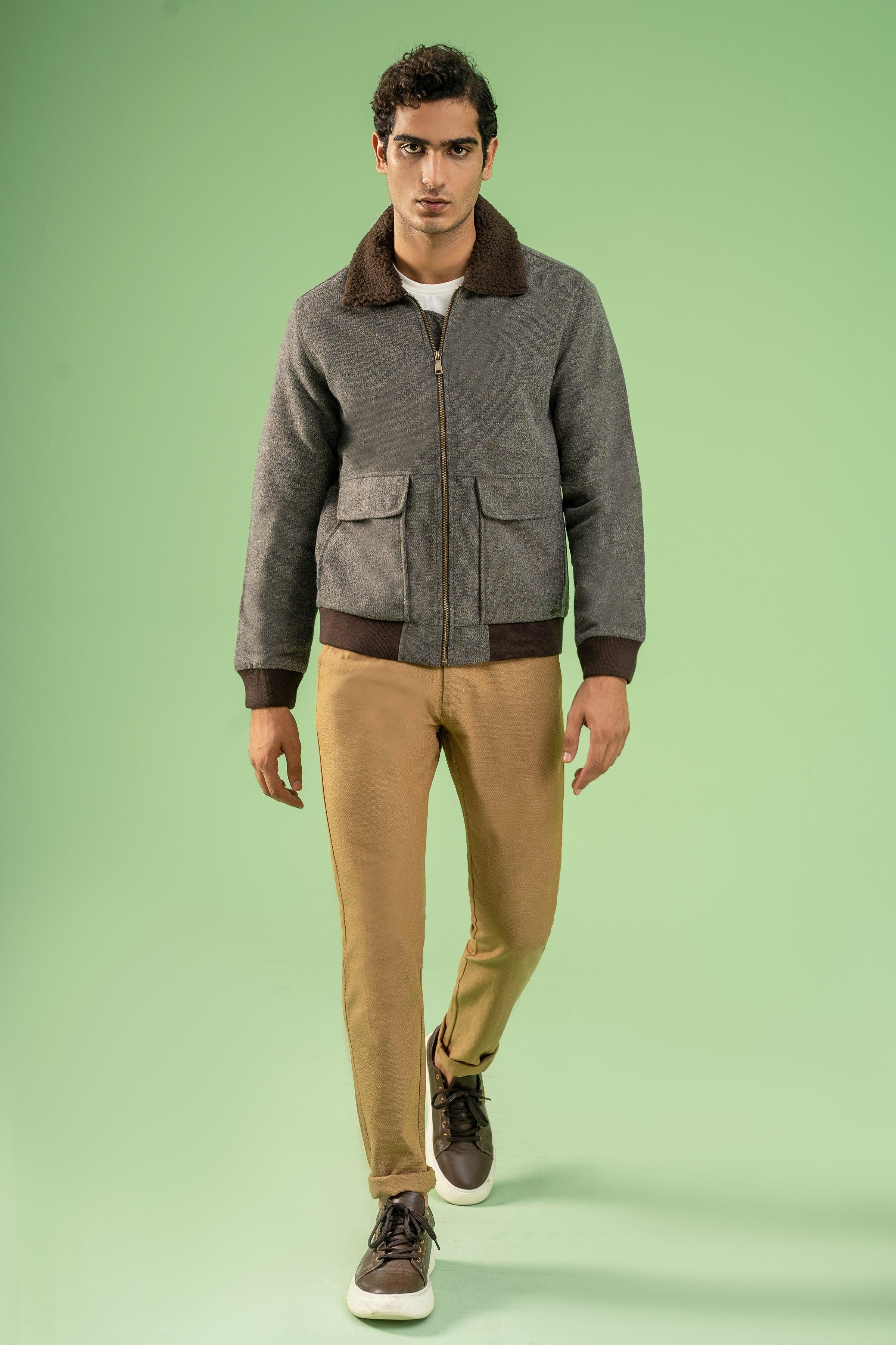 FULL SLEEVE WOOLEN FUR COLLAR JACKET GREY MELANGE at Charcoal Clothing
