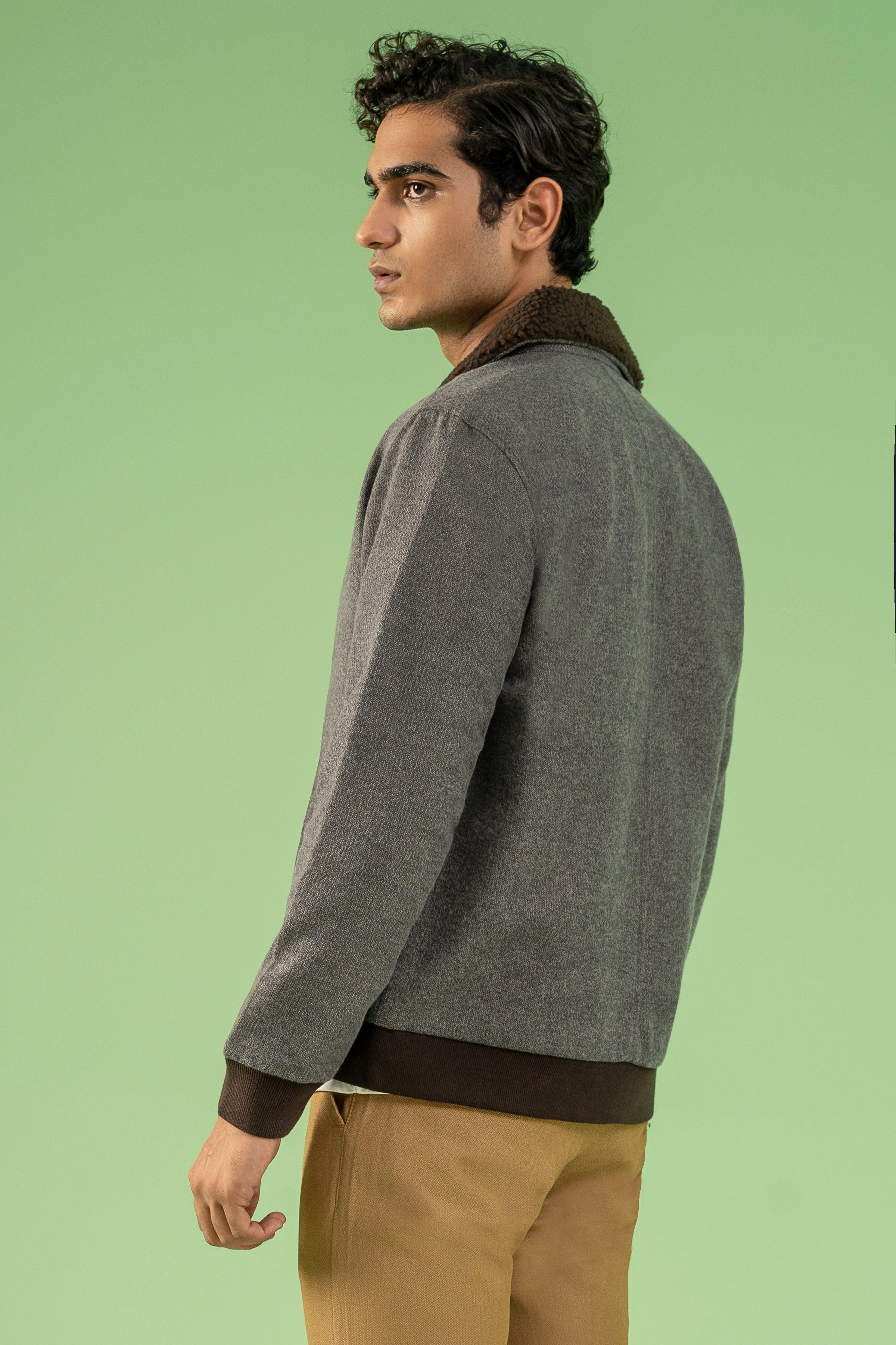 FULL SLEEVE WOOLEN FUR COLLAR JACKET GREY MELANGE at Charcoal Clothing