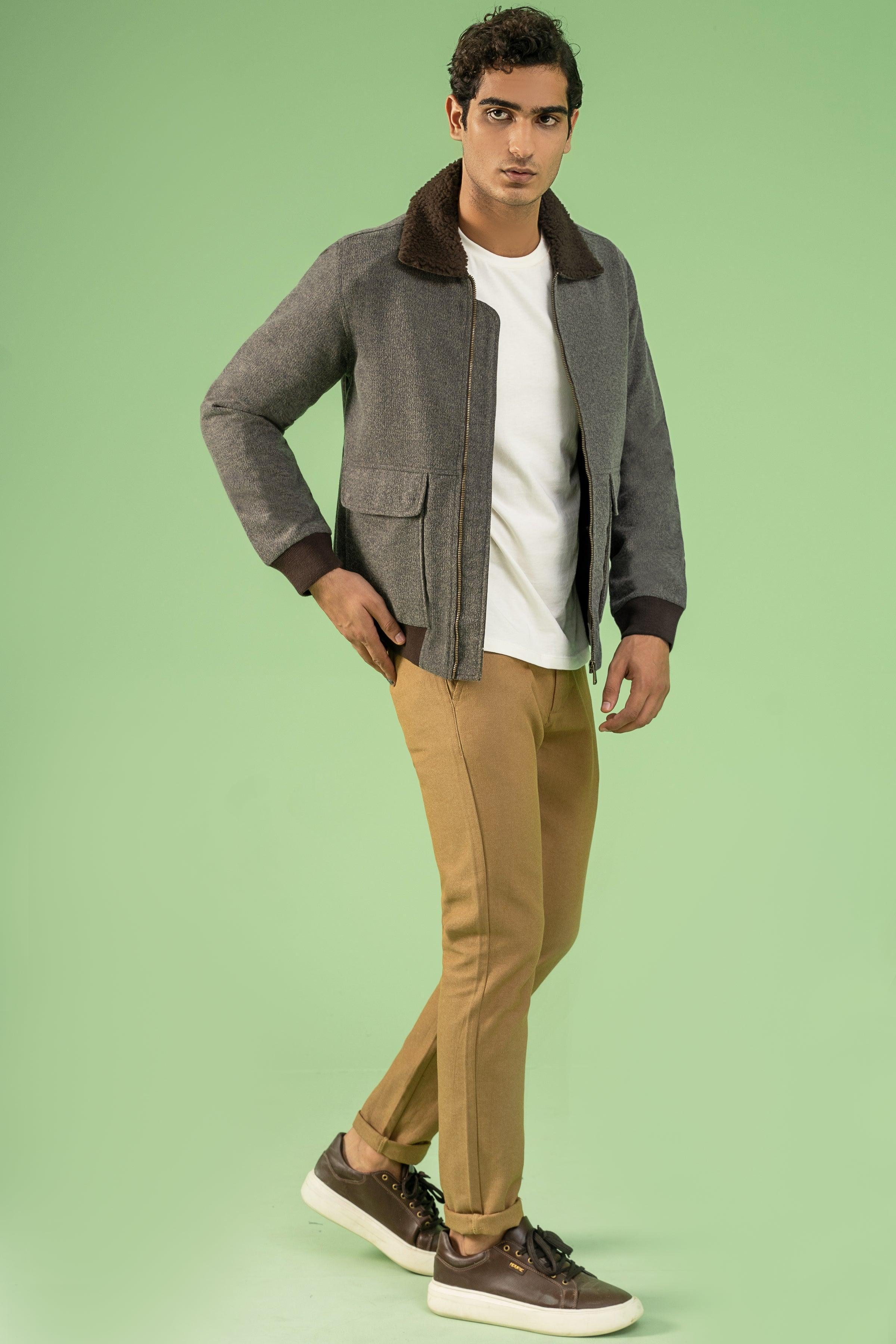 Grey melange wool jacket with fur-trim collar, zip front, chest and pocket details