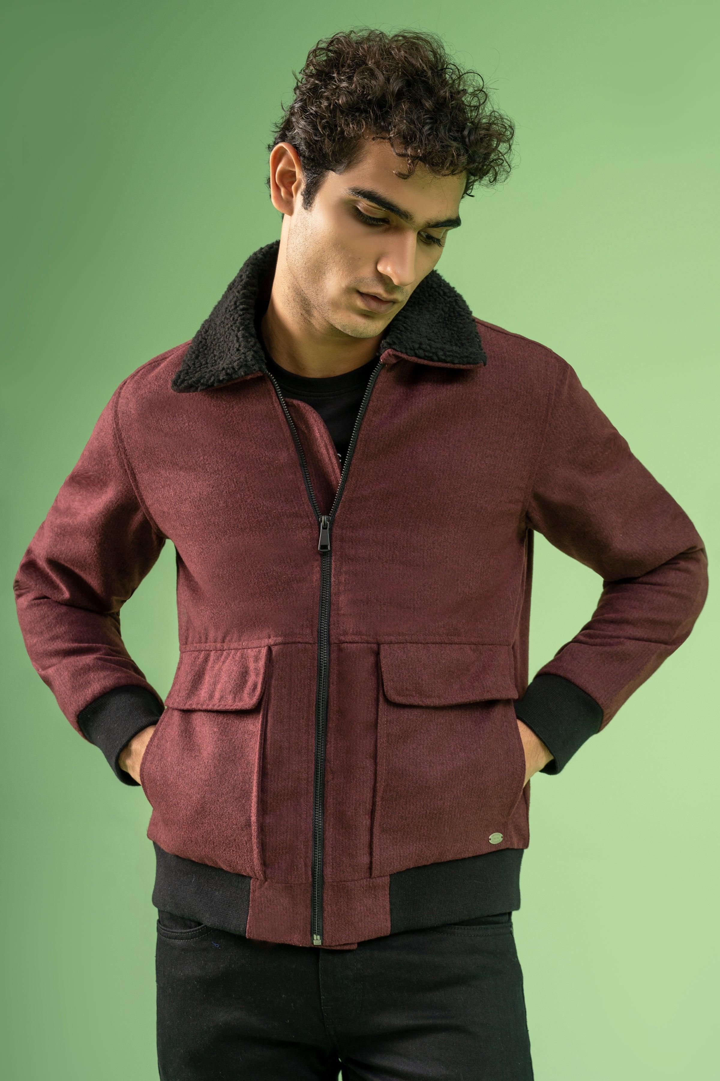 FULL SLEEVE WOOLEN FUR COLLAR JACKET MAROON MELANGE at Charcoal Clothing