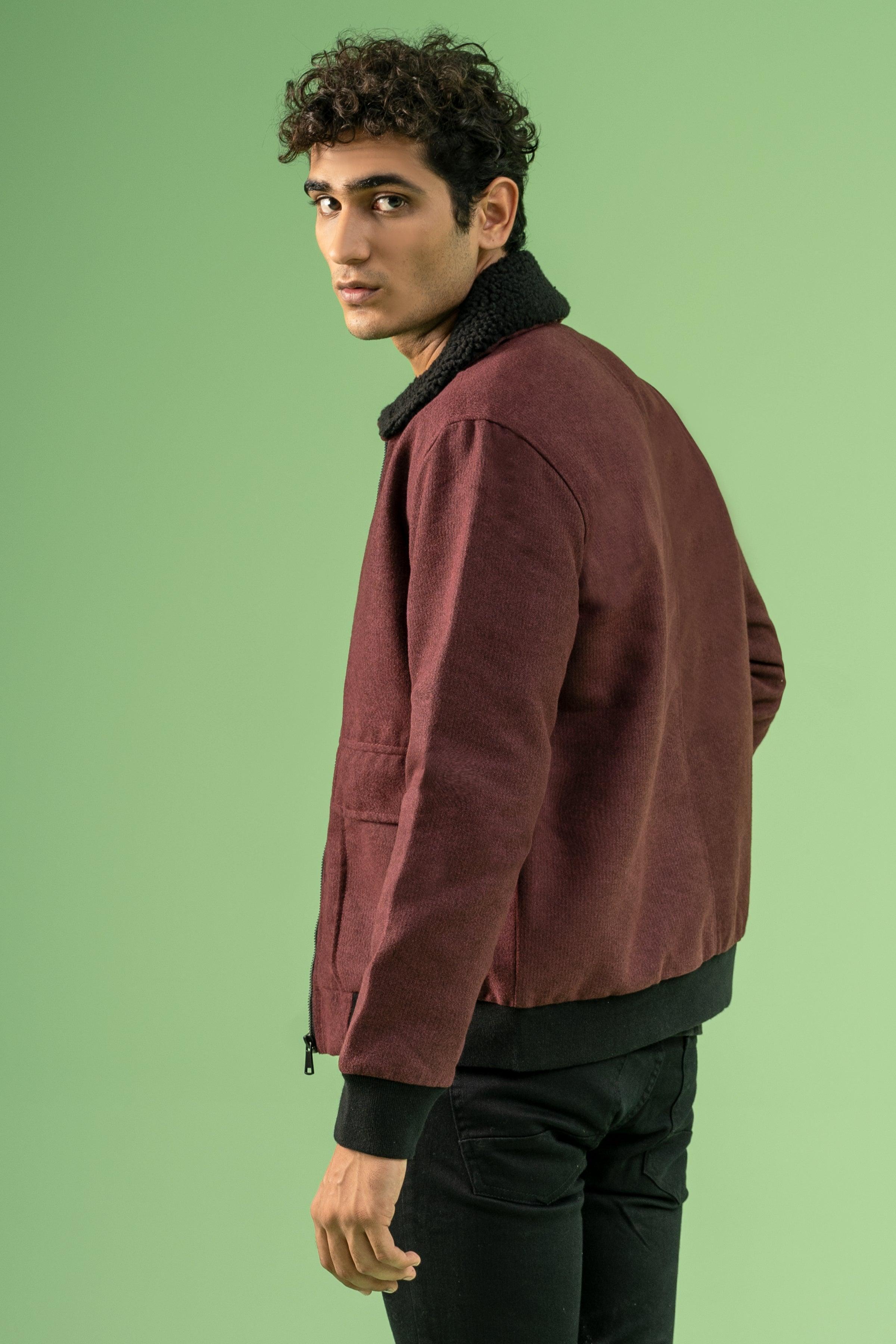 FULL SLEEVE WOOLEN FUR COLLAR JACKET MAROON MELANGE at Charcoal Clothing