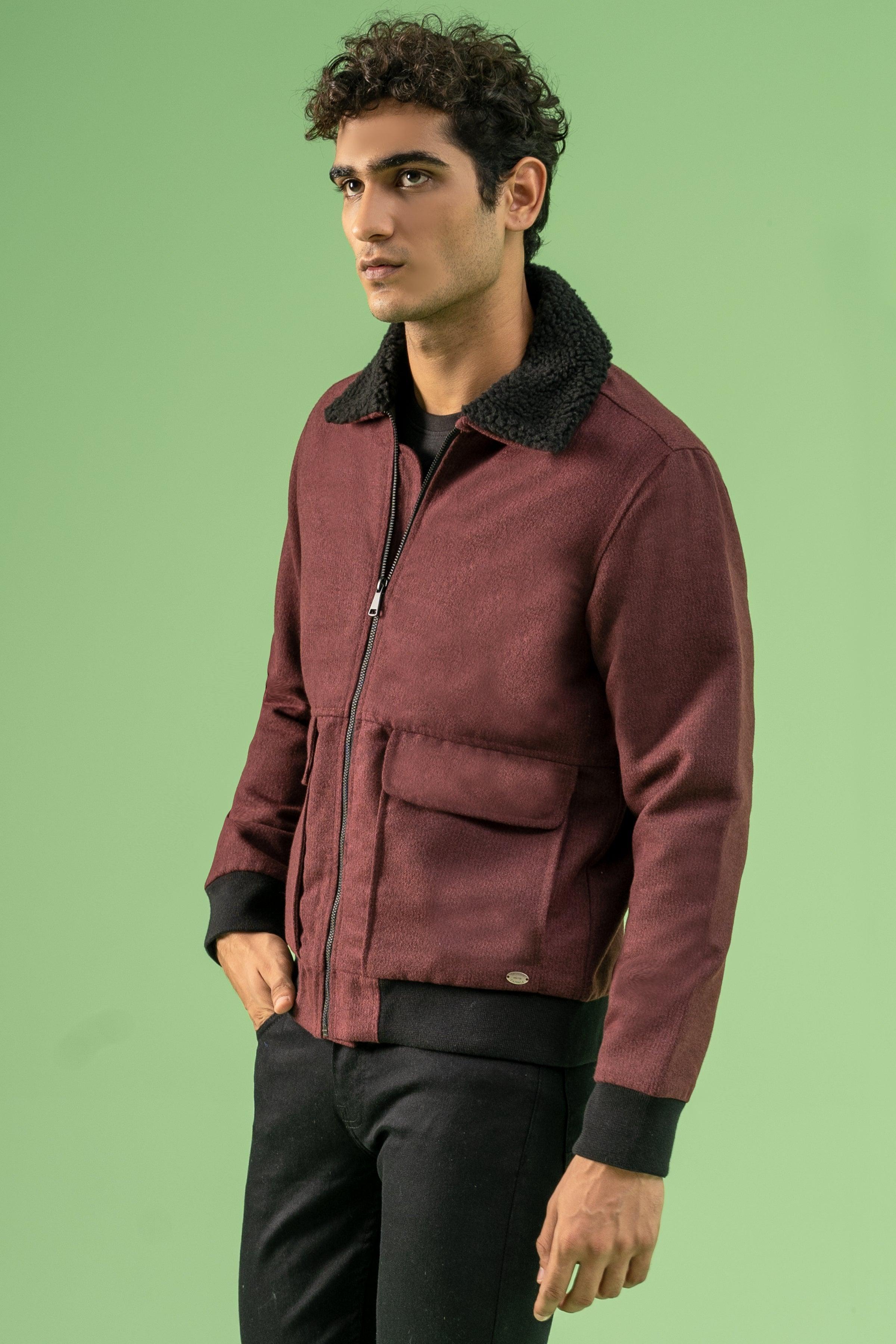 FULL SLEEVE WOOLEN FUR COLLAR JACKET MAROON MELANGE at Charcoal Clothing