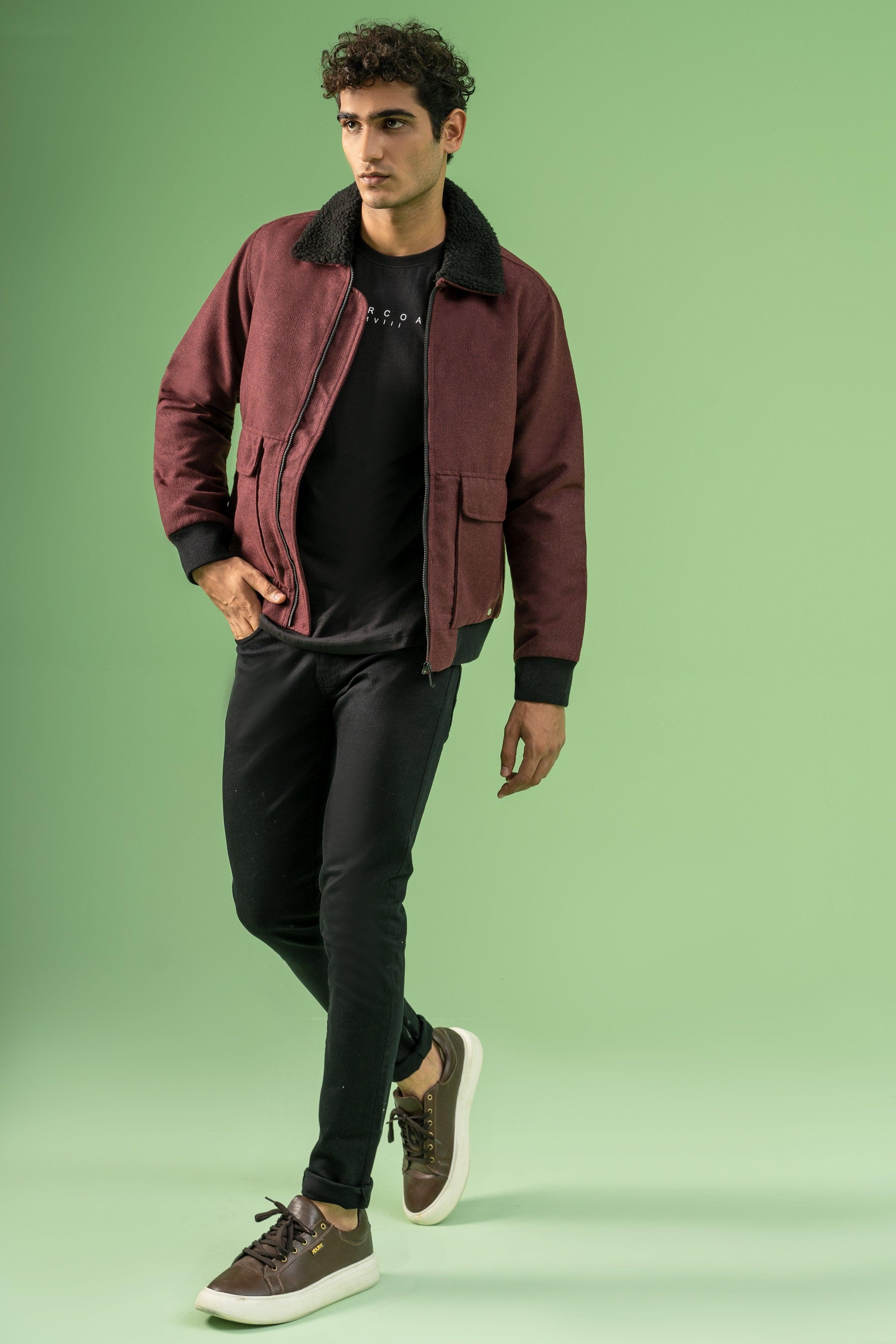 FULL SLEEVE WOOLEN FUR COLLAR JACKET MAROON MELANGE at Charcoal Clothing