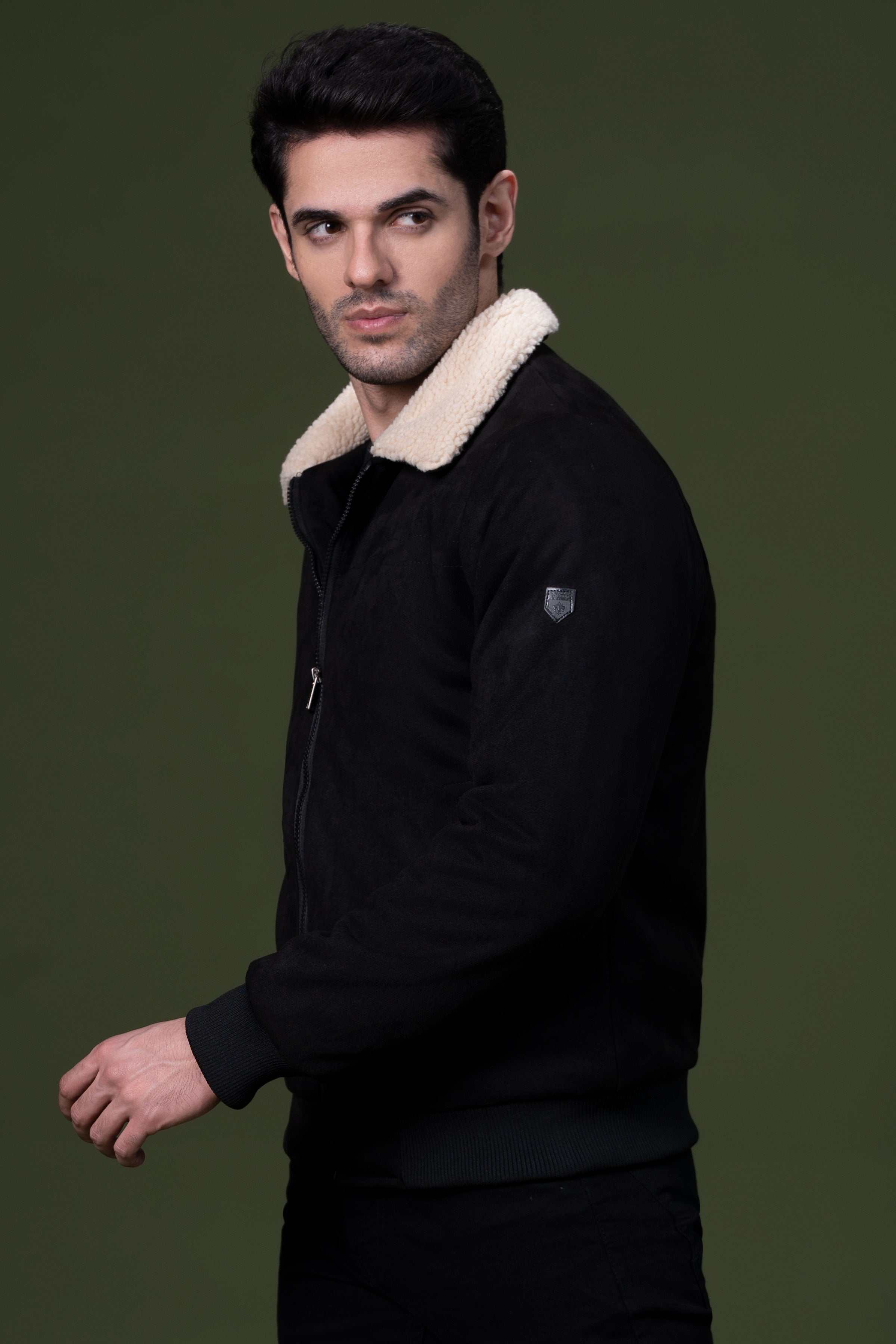 FUR COLLAR SUEDE JACKET BLACK at Charcoal Clothing