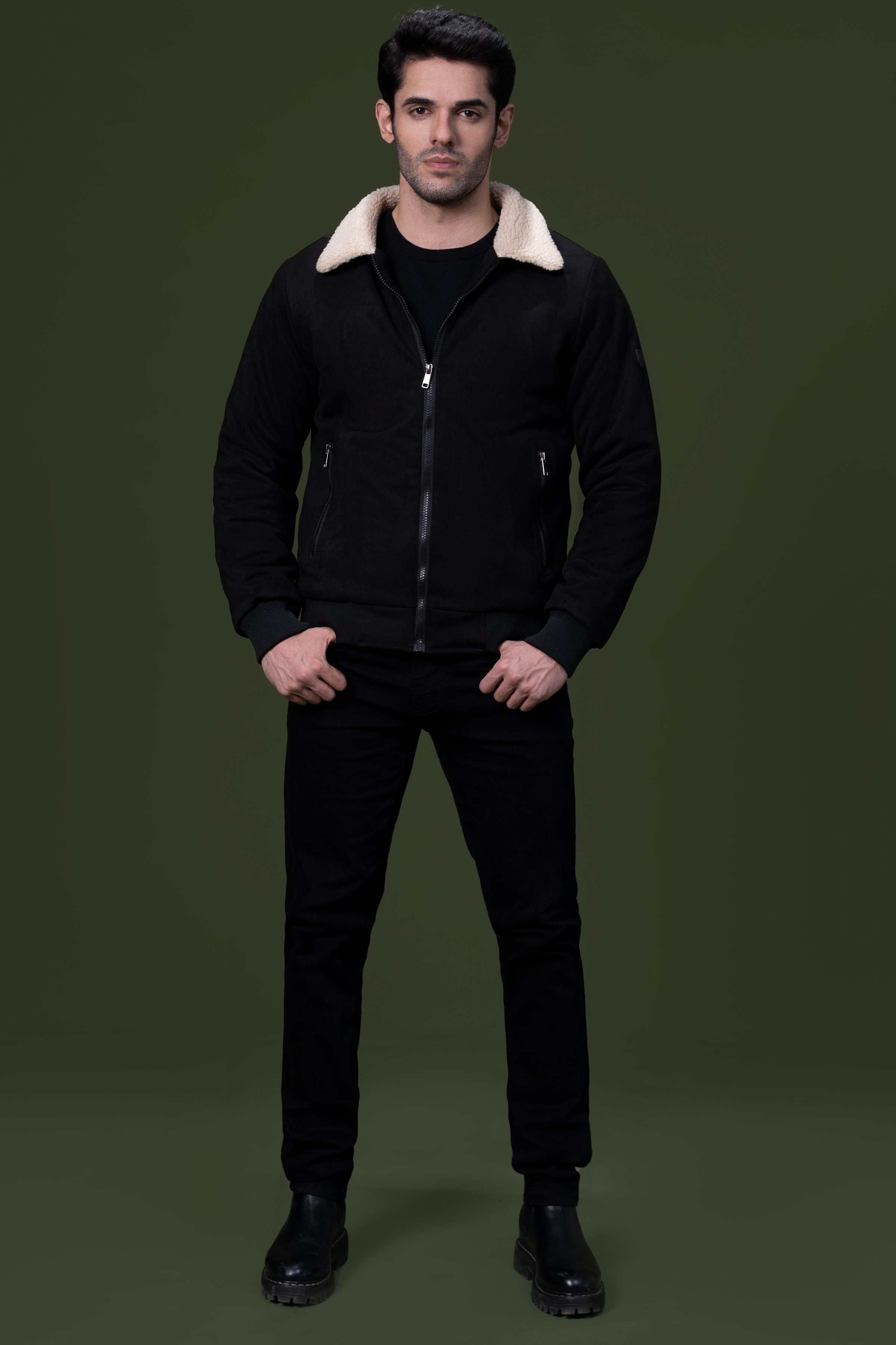 FUR COLLAR SUEDE JACKET BLACK at Charcoal Clothing