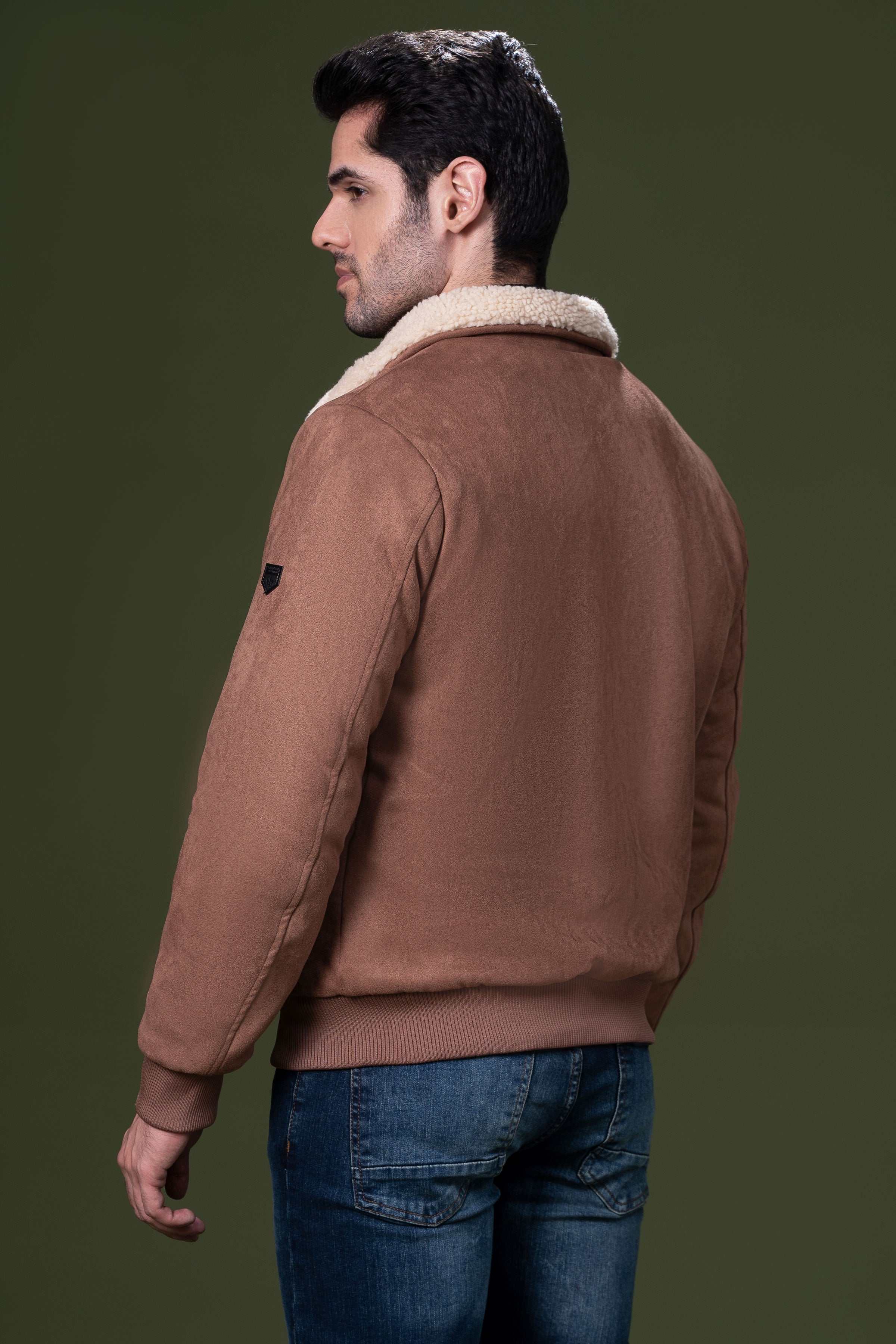 FUR COLLAR SUEDE JACKET BROWN at Charcoal Clothing