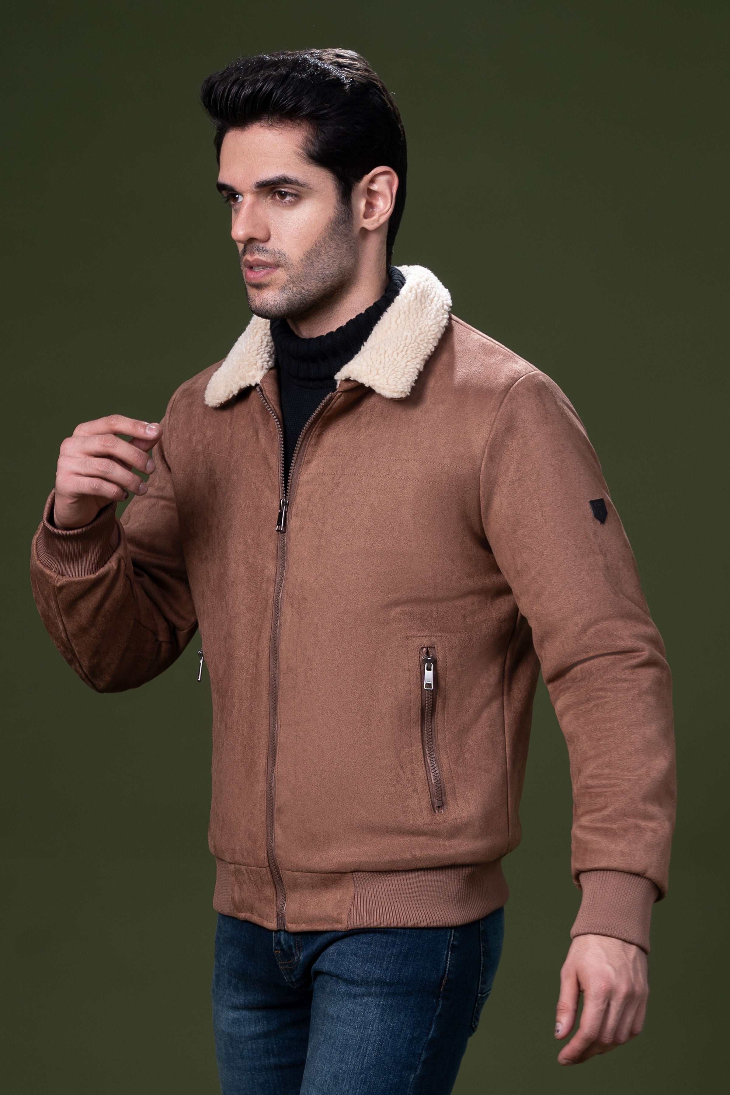 FUR COLLAR SUEDE JACKET BROWN at Charcoal Clothing
