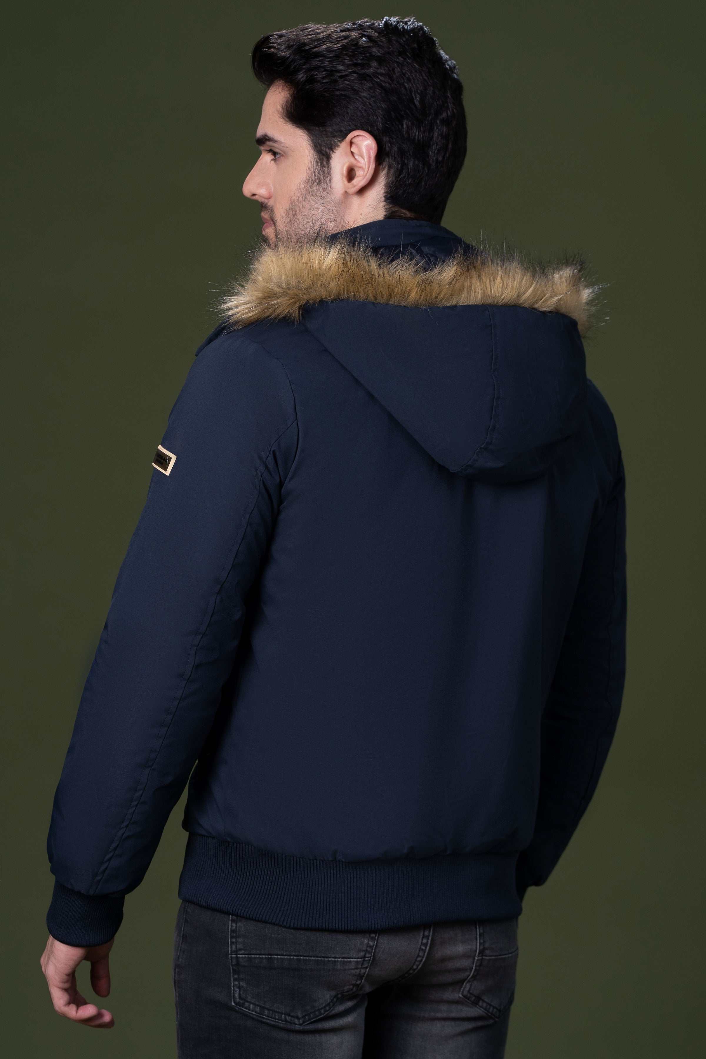 Navy hooded fur-trim jacket, back view with fur collar detail