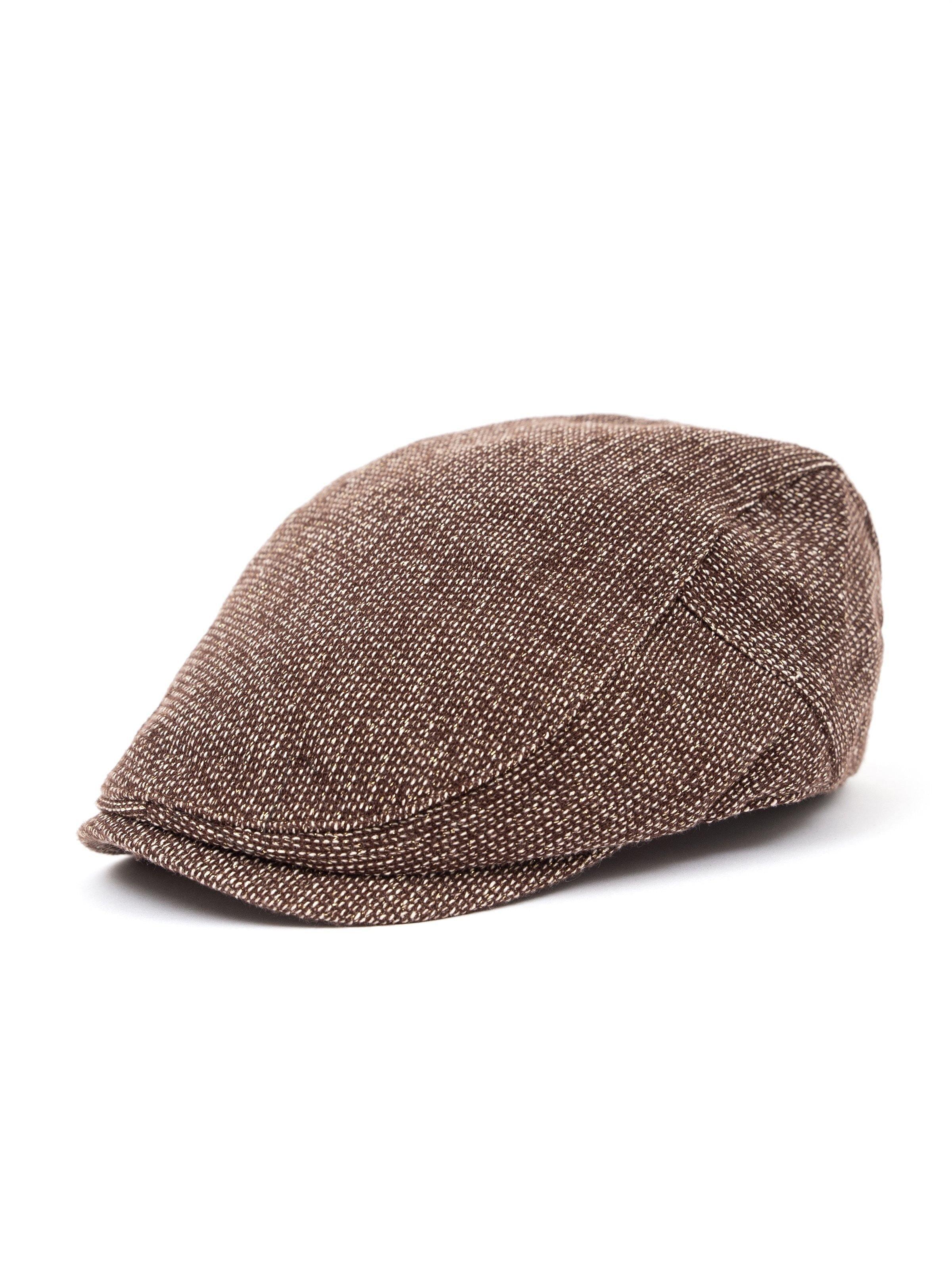 Brown tweed golf cap, side view with seam details and curved brim
