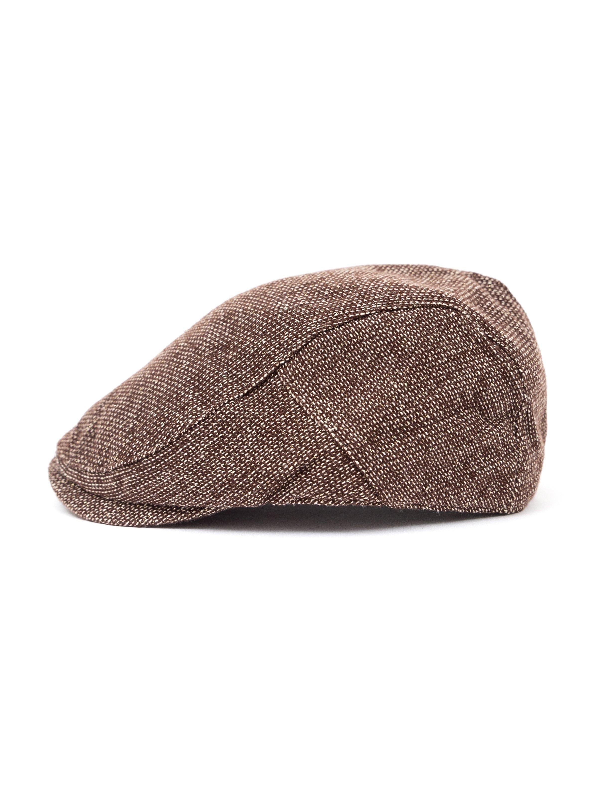Brown tweed golf cap, angled side view with curved brim and stitched panels