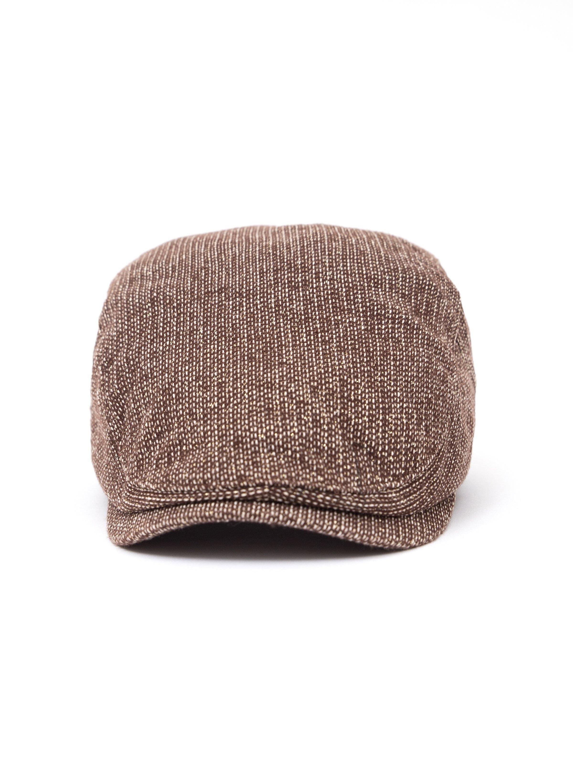 Brown tweed-style golf cap with curved brim and textured fabric