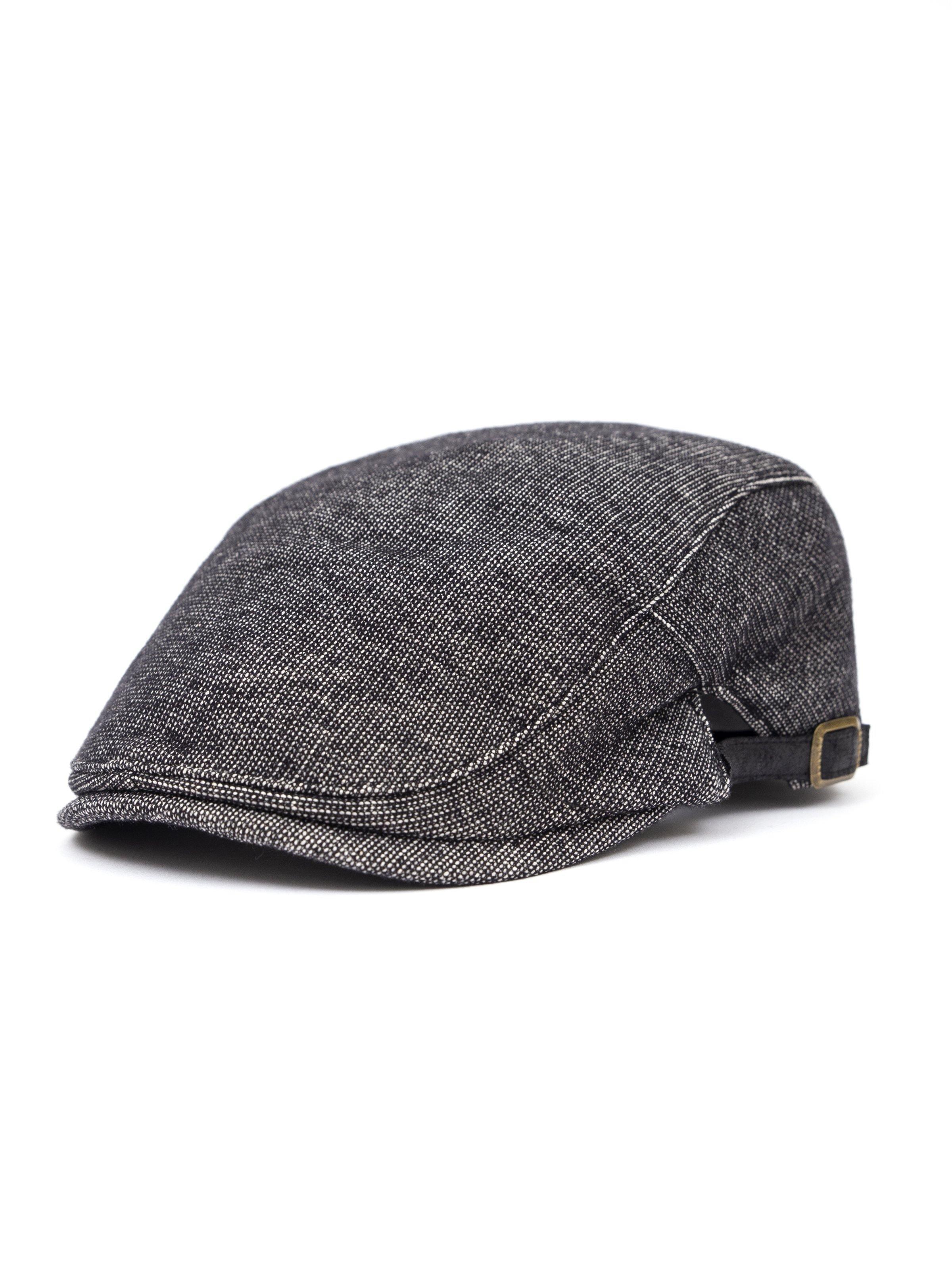 Gray tweed cap with angled side seam and adjustable buckle strap