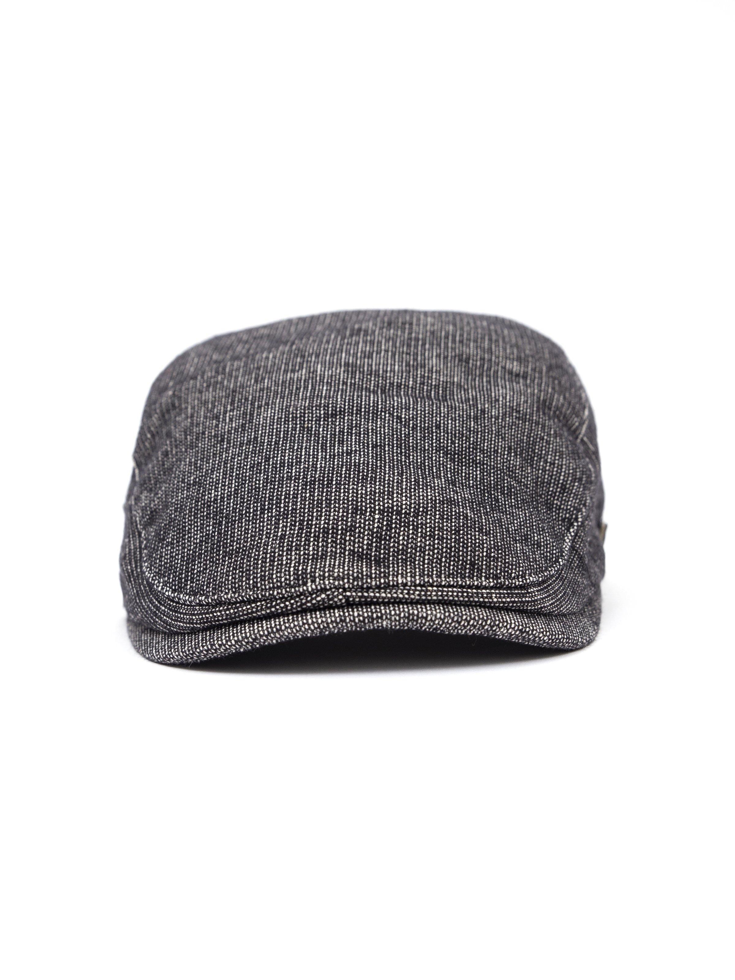 Gray tweed cap with curved brim and stitched panels