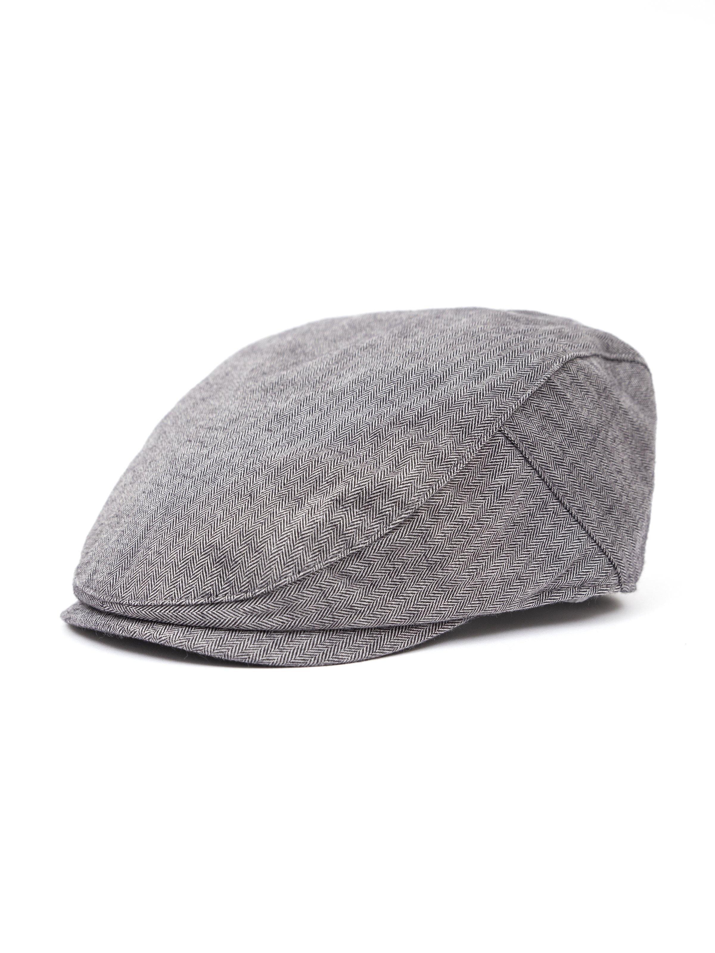 Gray golf cap, side view, curved brim and seam detailing
