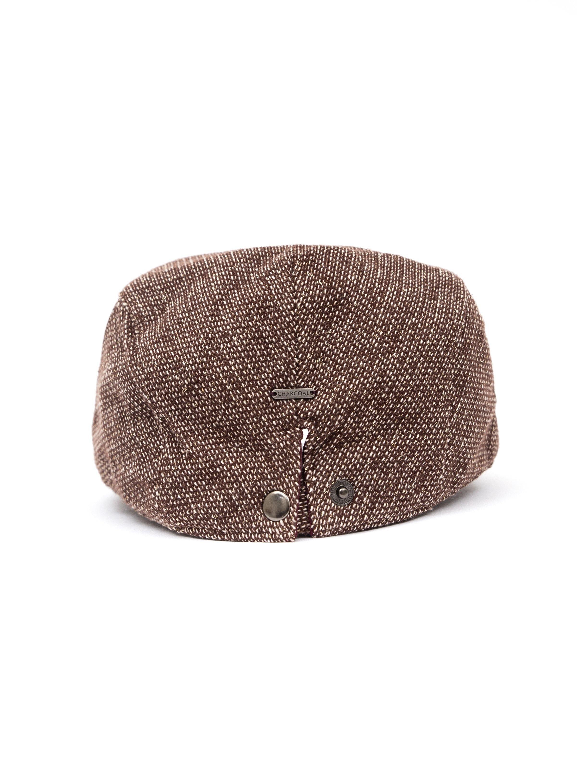 Brown tweed golf cap with front patch and snap buttons