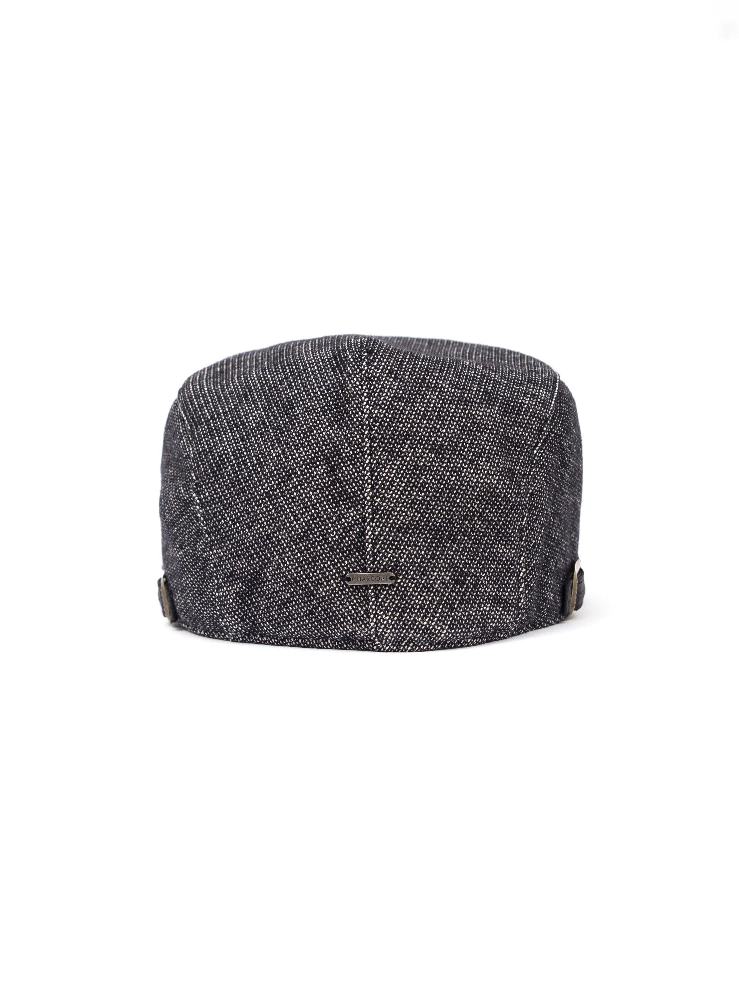 Gray tweed flat cap with center back emblem and side ventilation eyelets