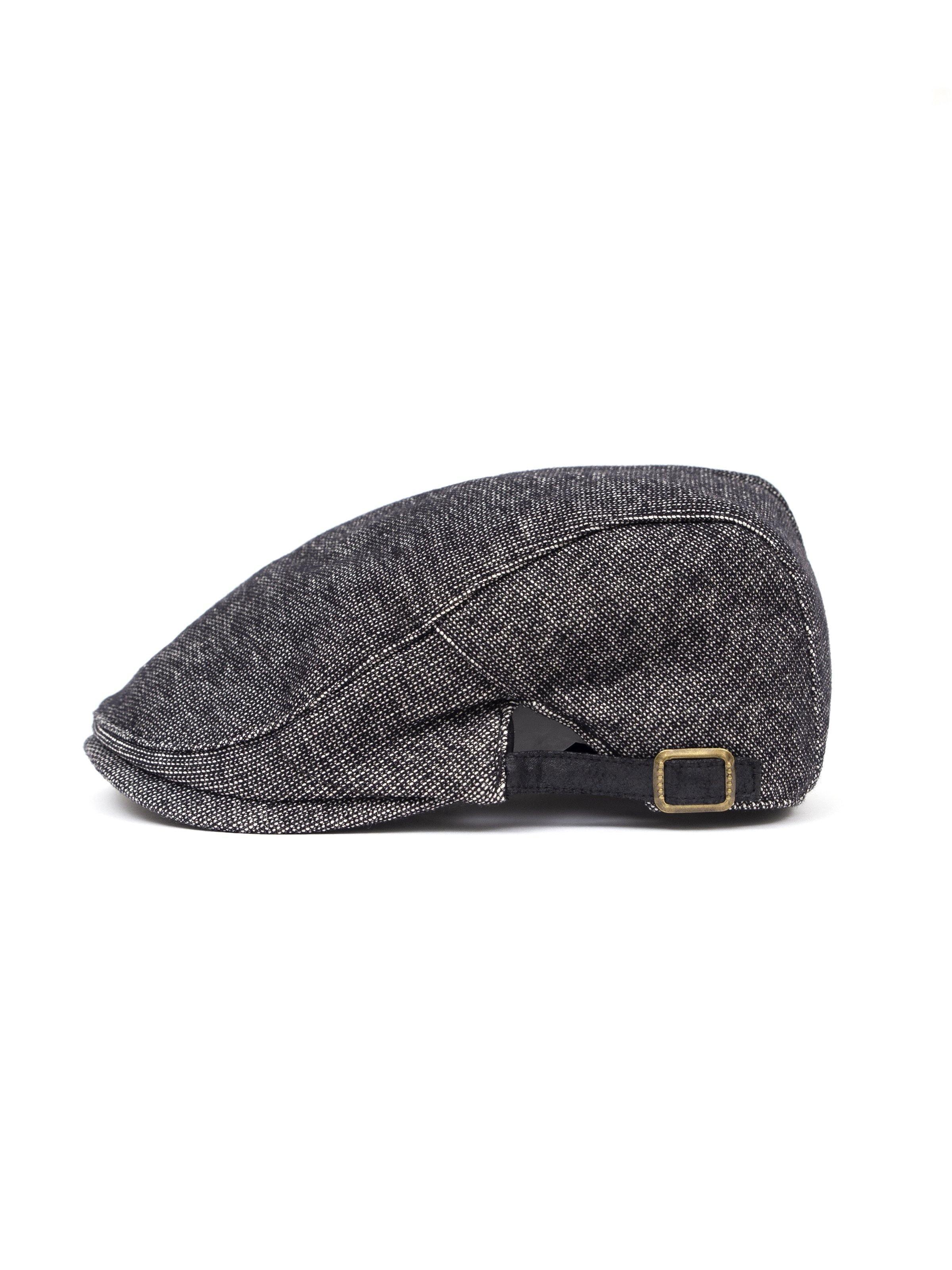 Gray tweed cap showing adjustable leather-look strap with gold buckle