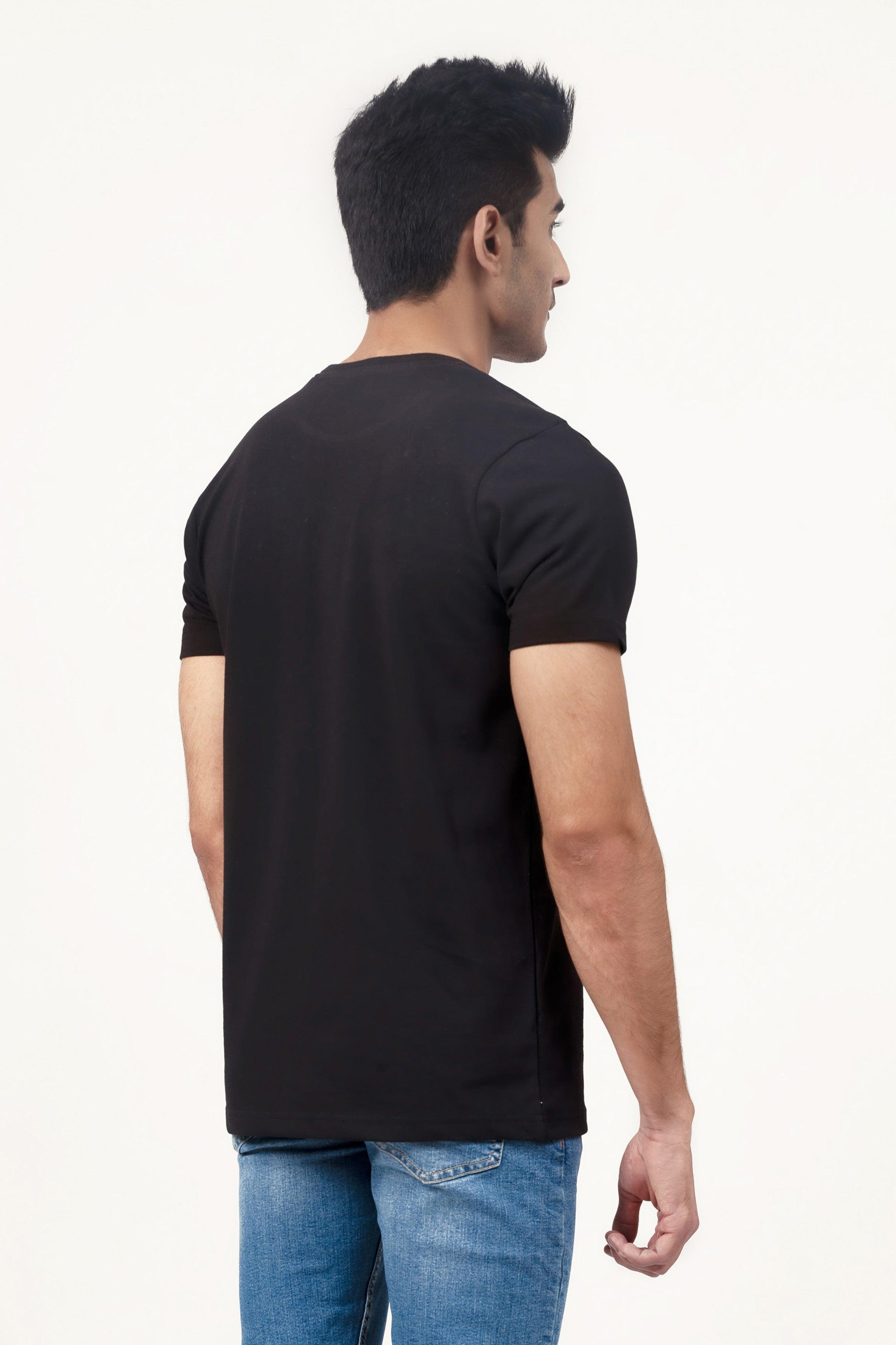 Black crew-neck graphic T-shirt, short sleeves, back view