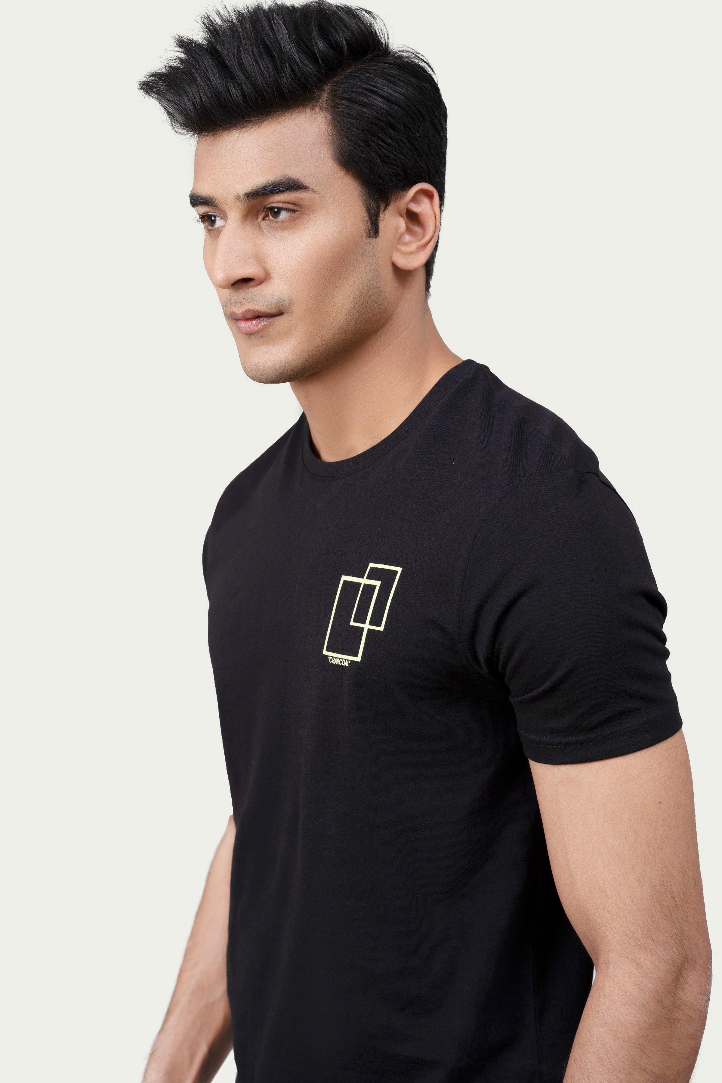 Black graphic T-shirt with outlined square chest logo