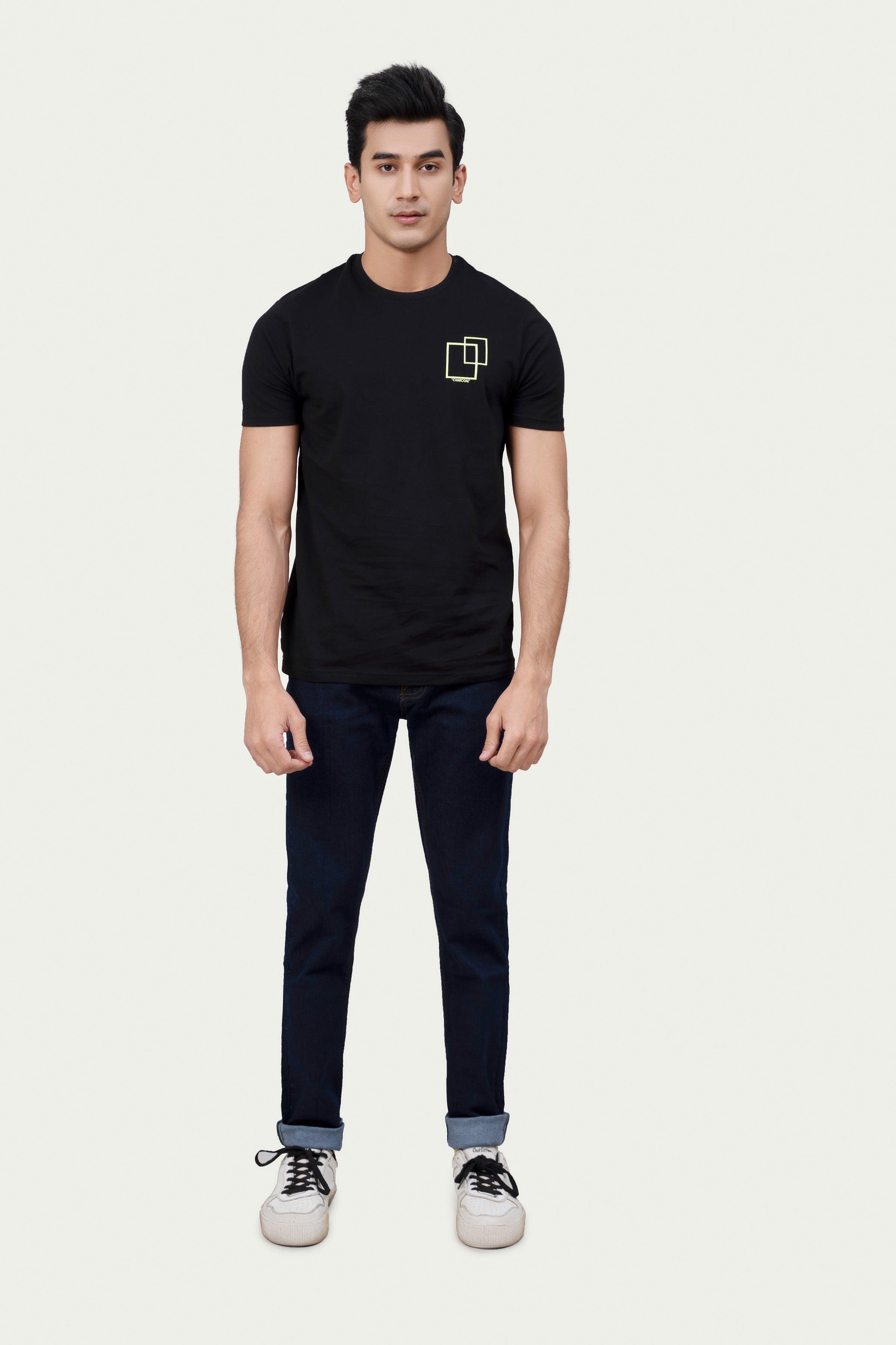 Black graphic T-shirt with small square logo on the chest