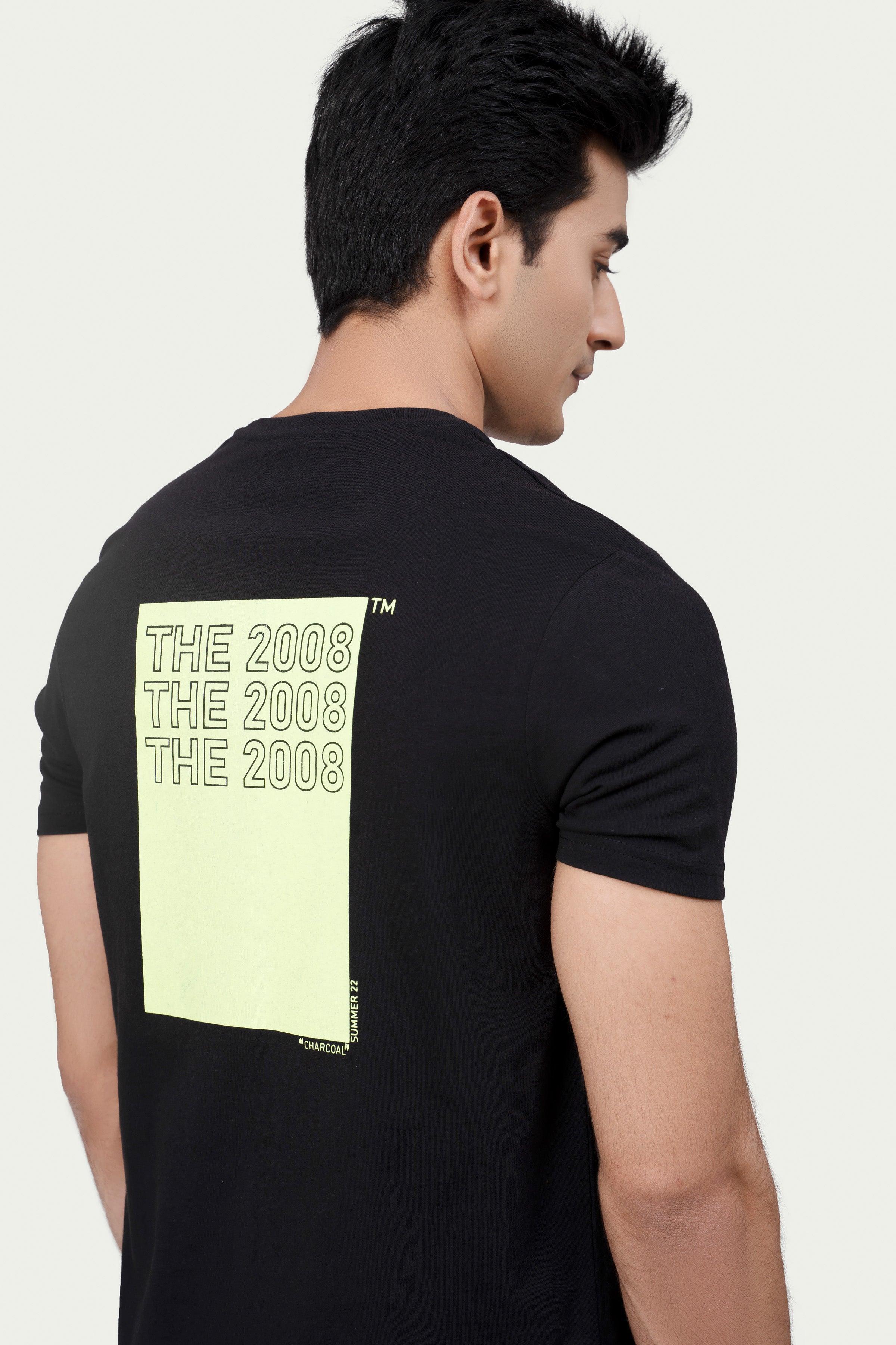 Black graphic T-shirt with large back print panel reading THE 2008