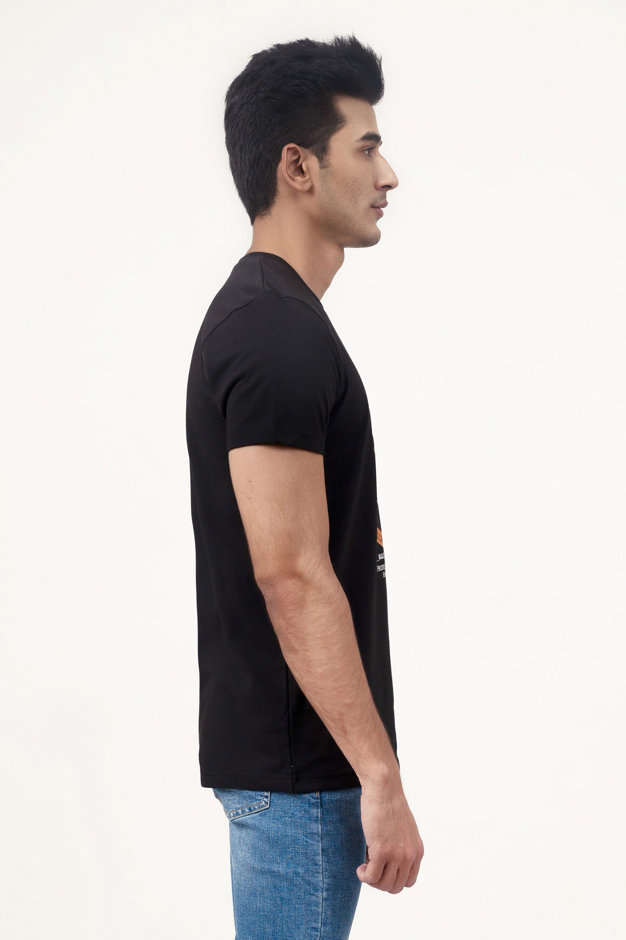 Black crew-neck graphic T-shirt, short sleeves, side profile