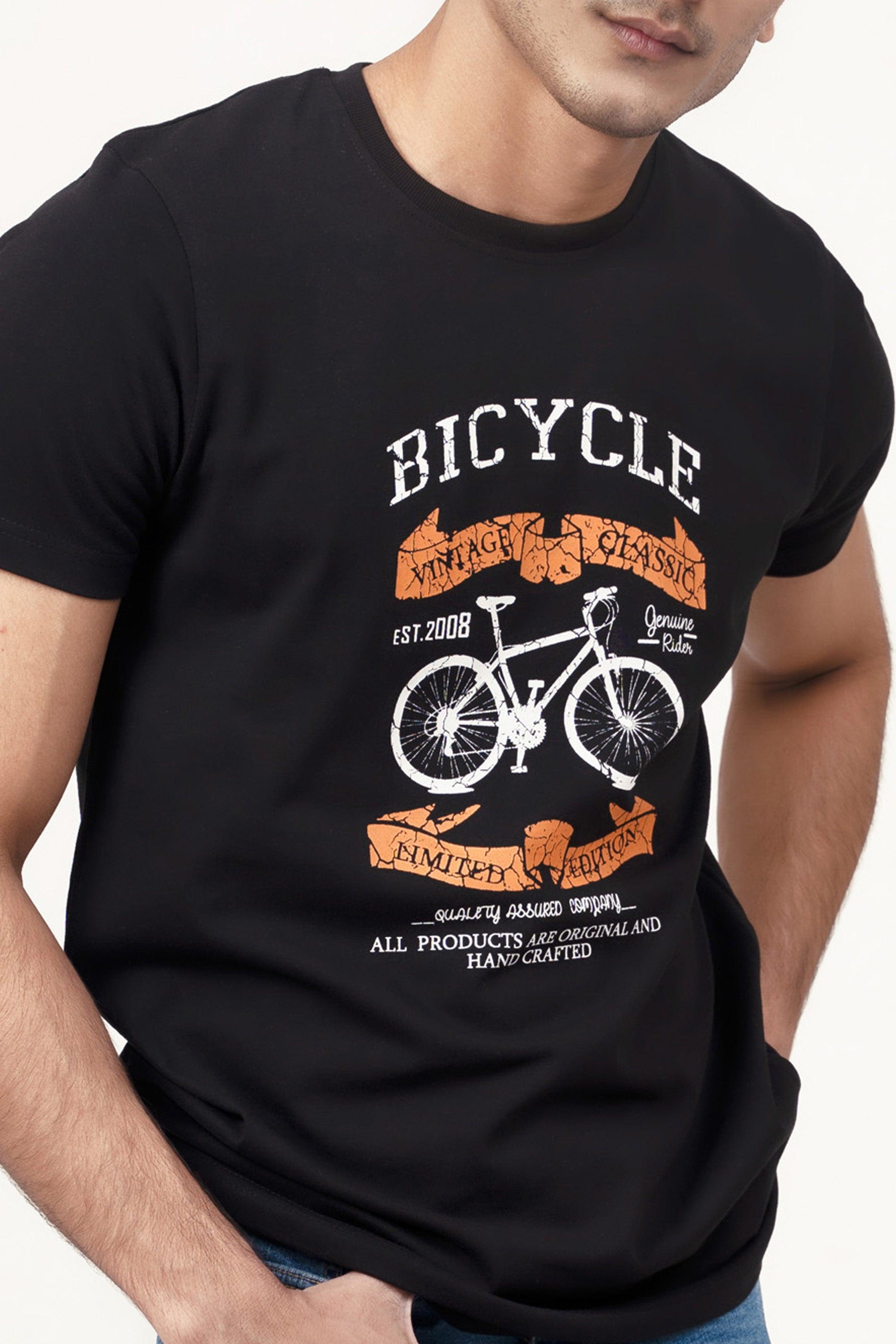 Black crew-neck T-shirt with bicycle graphic and orange text