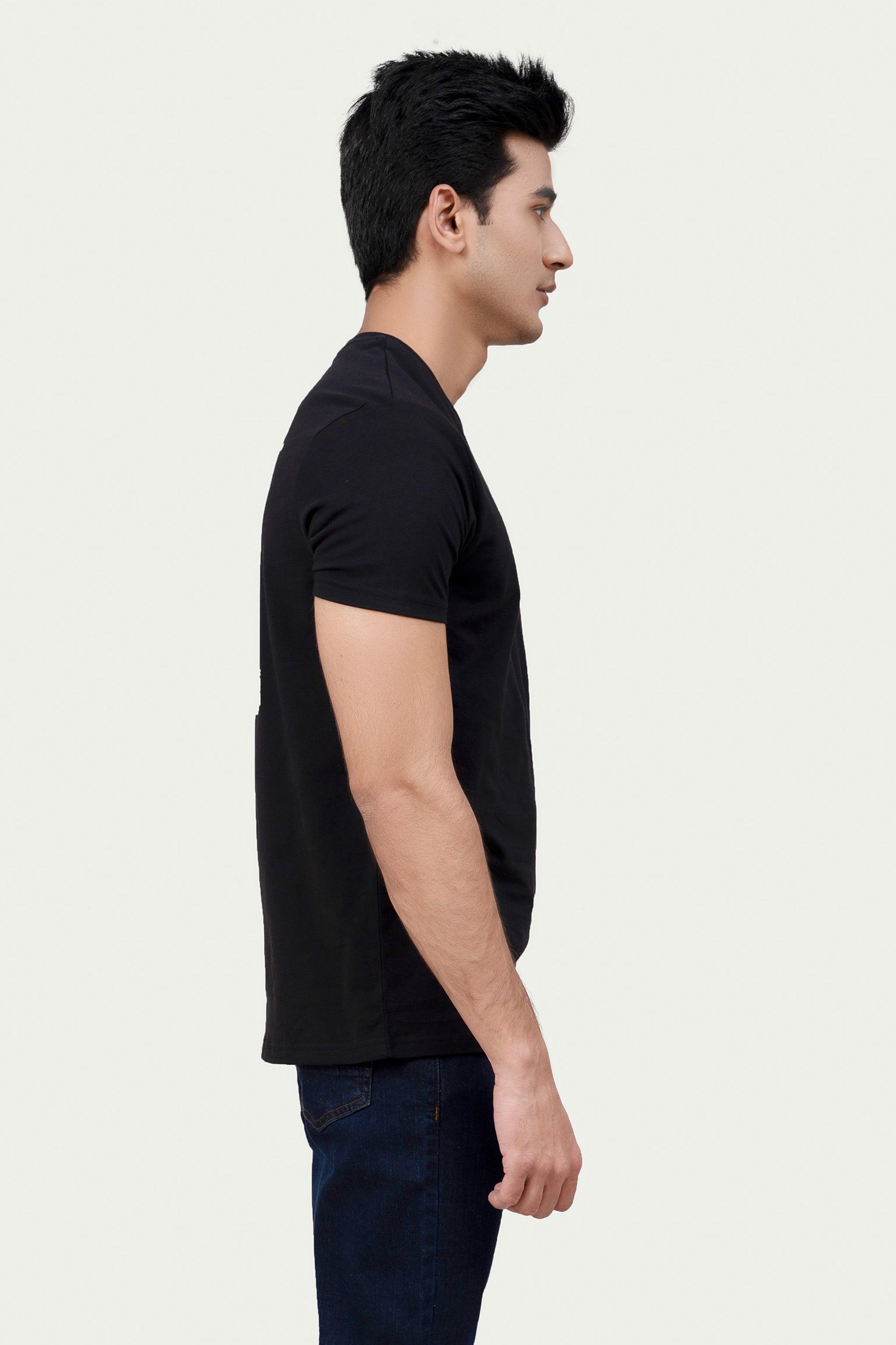 Black graphic T-shirt, side view with short sleeves
