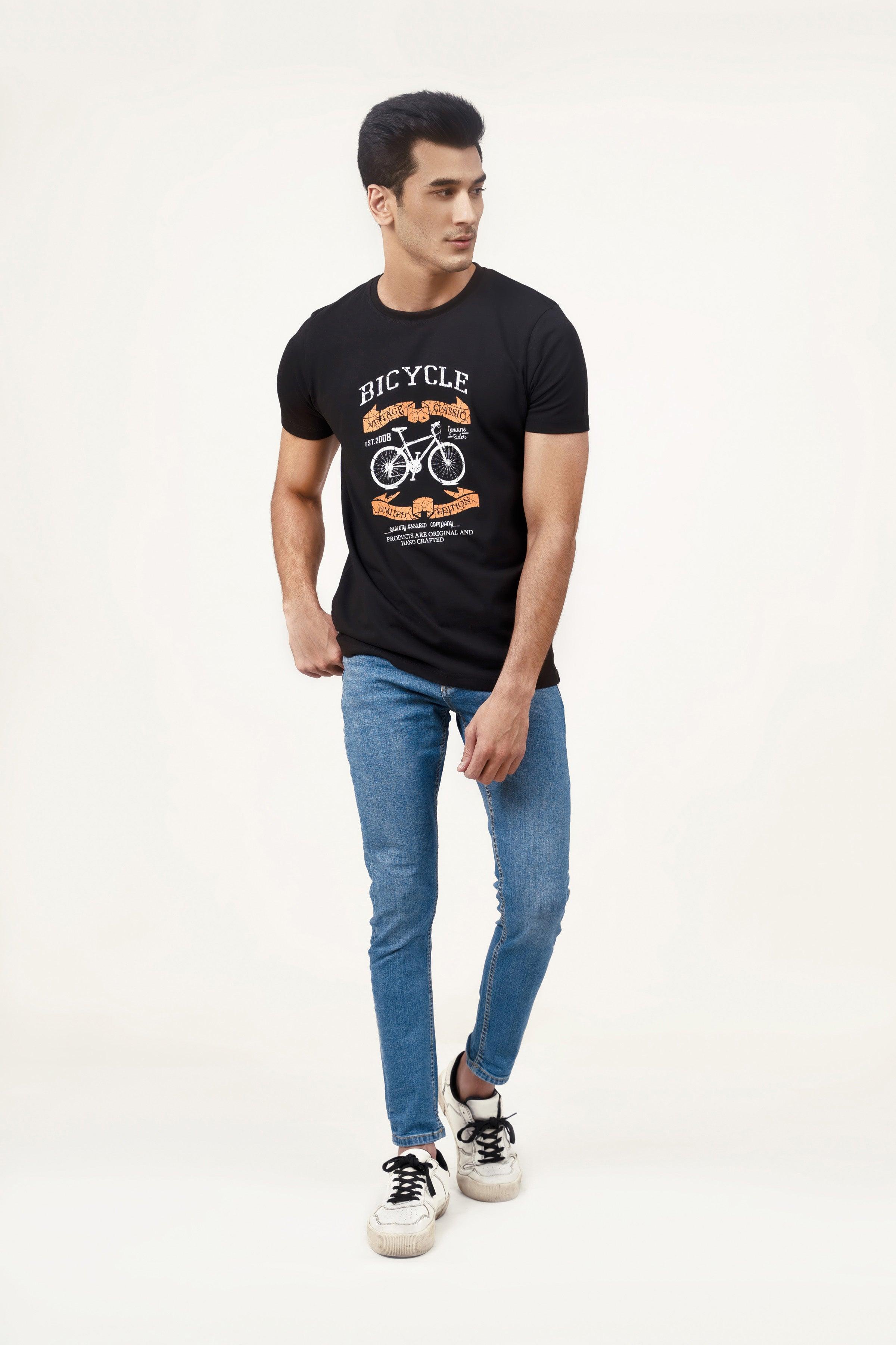 Black crew-neck graphic T-shirt with bicycle print