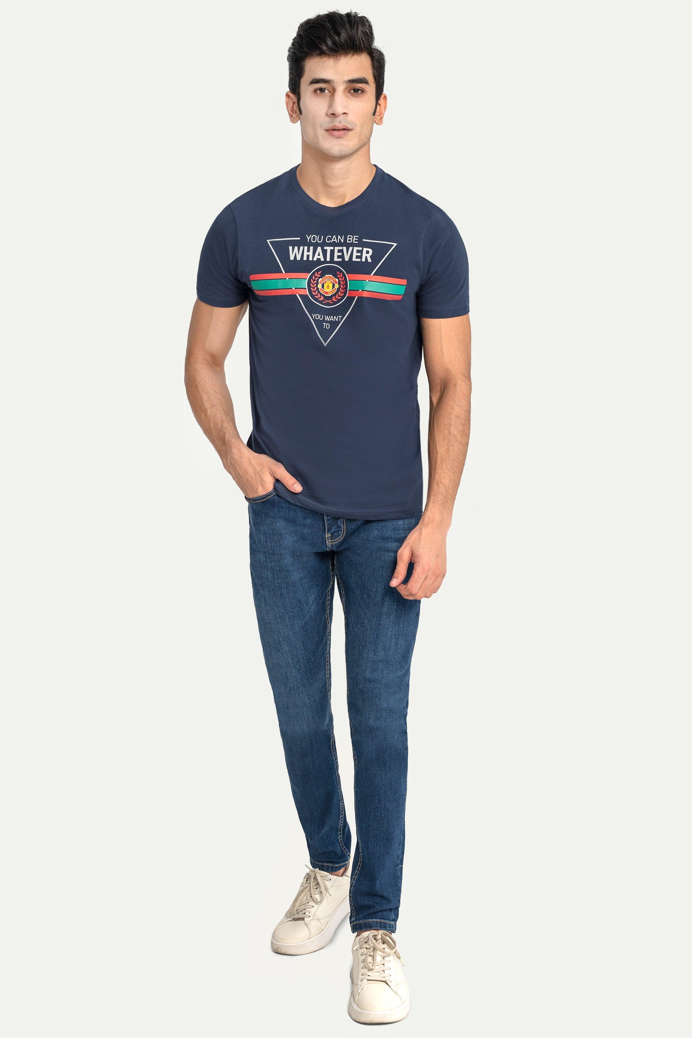 Navy graphic T-shirt with multicolor emblem print, crew neck and short sleeves