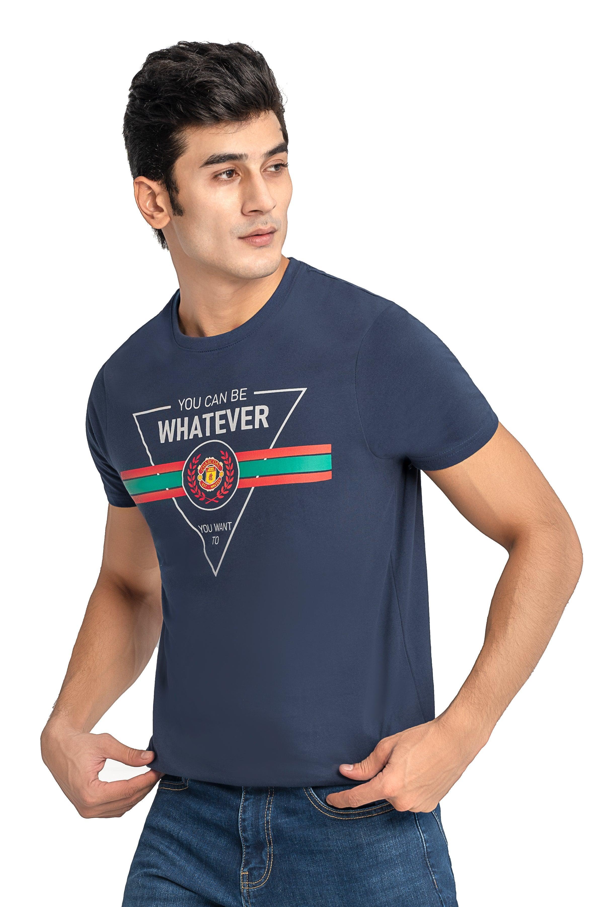 Navy graphic T-shirt with centered emblem and stripes print, crew neck
