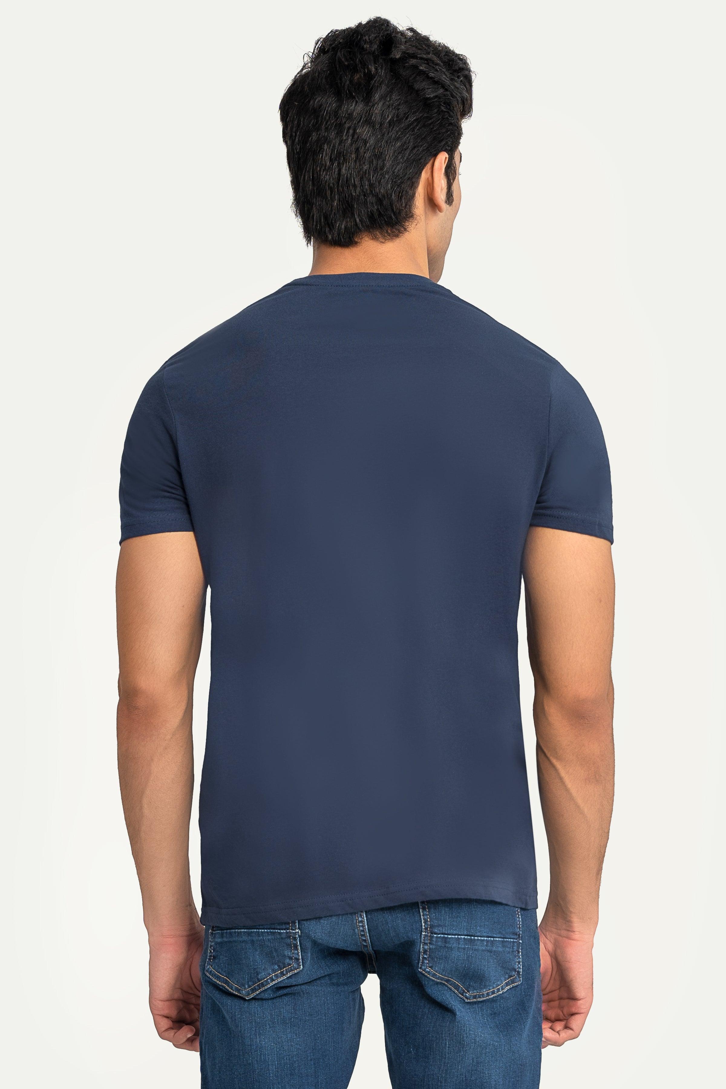 Navy graphic T-shirt, back view with crew neck and short sleeves