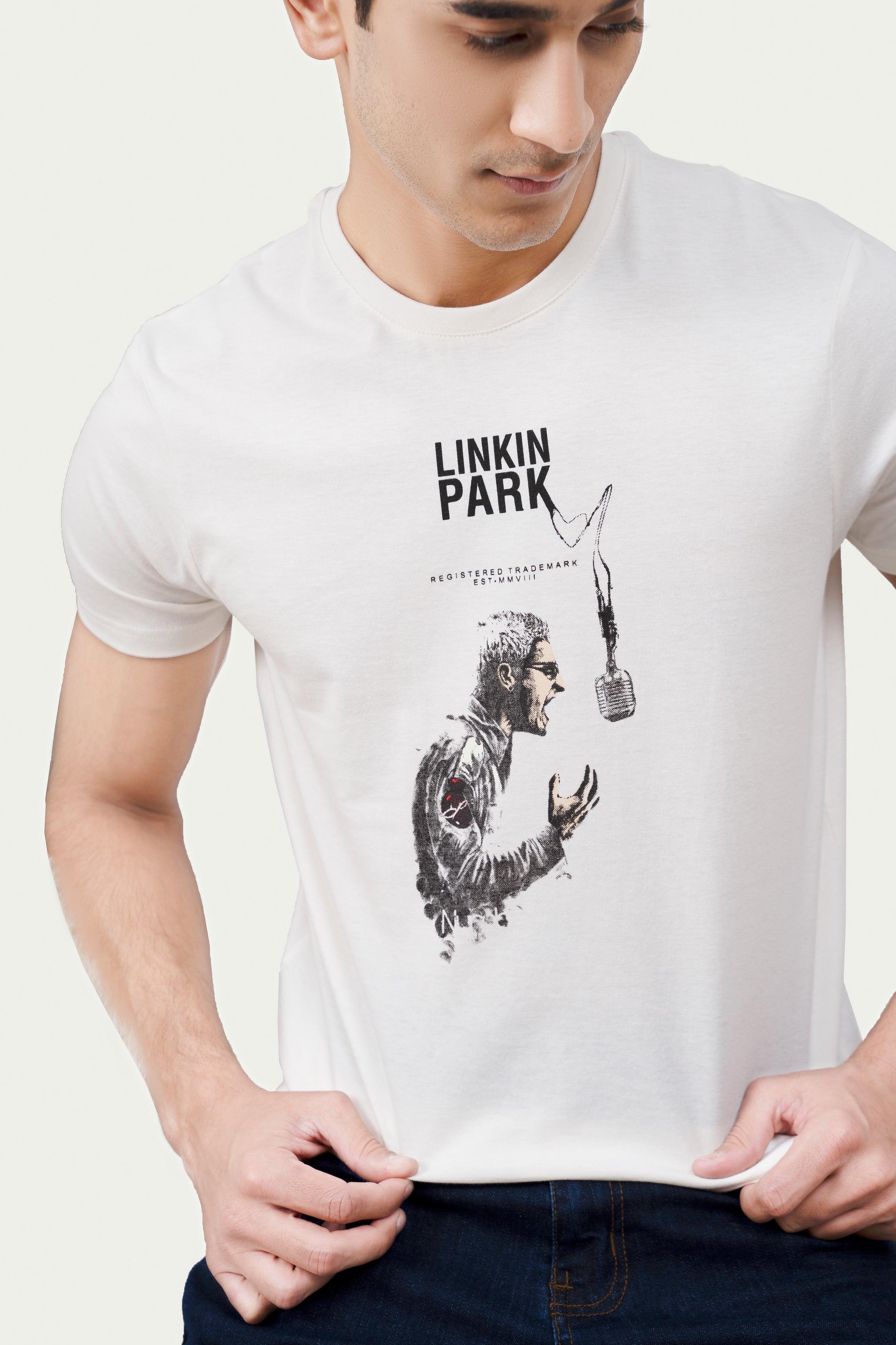 Off-white graphic T-shirt featuring Linkin Park text and detailed band illustration