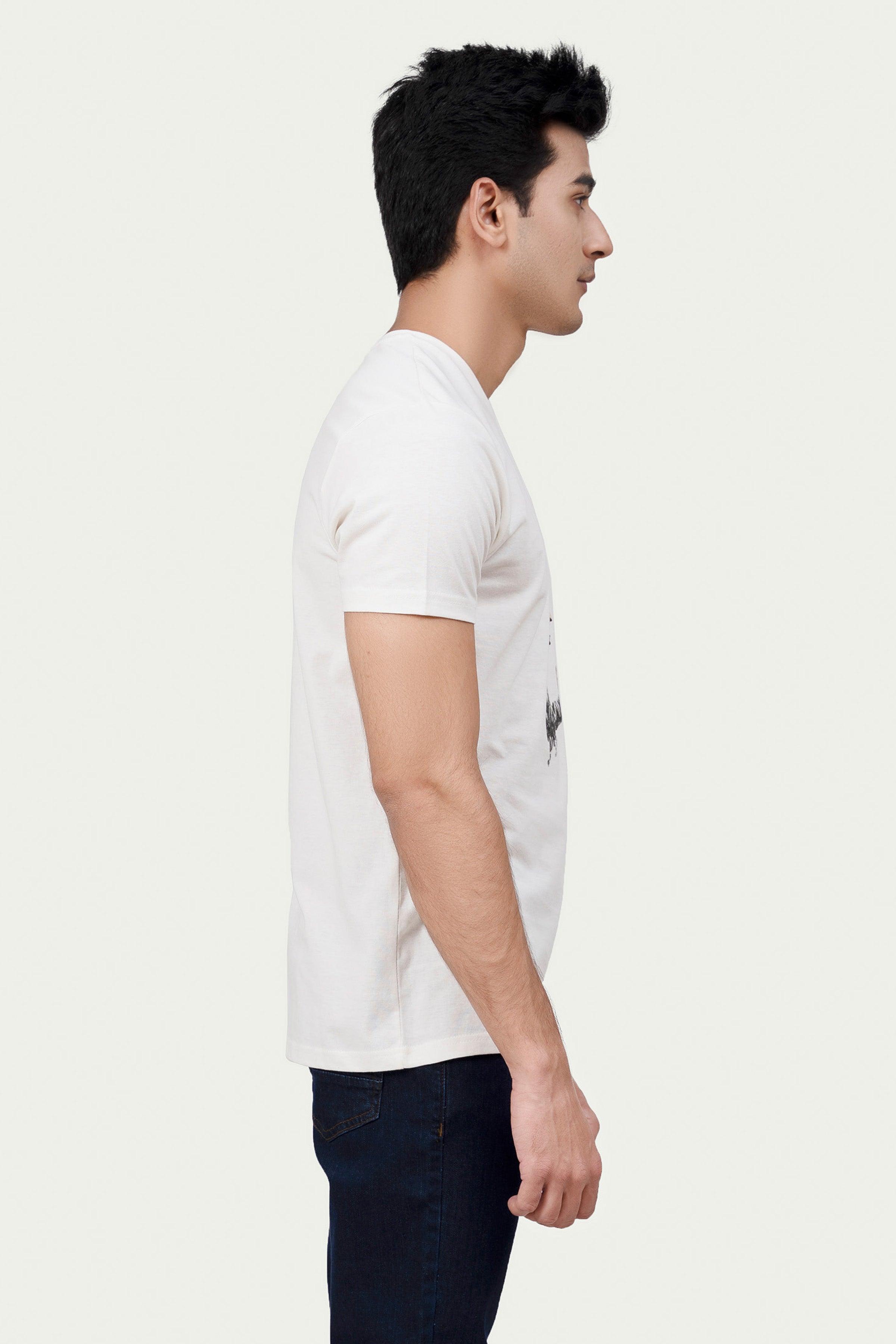 Off-white graphic T-shirt, side view, short sleeves and crew neck