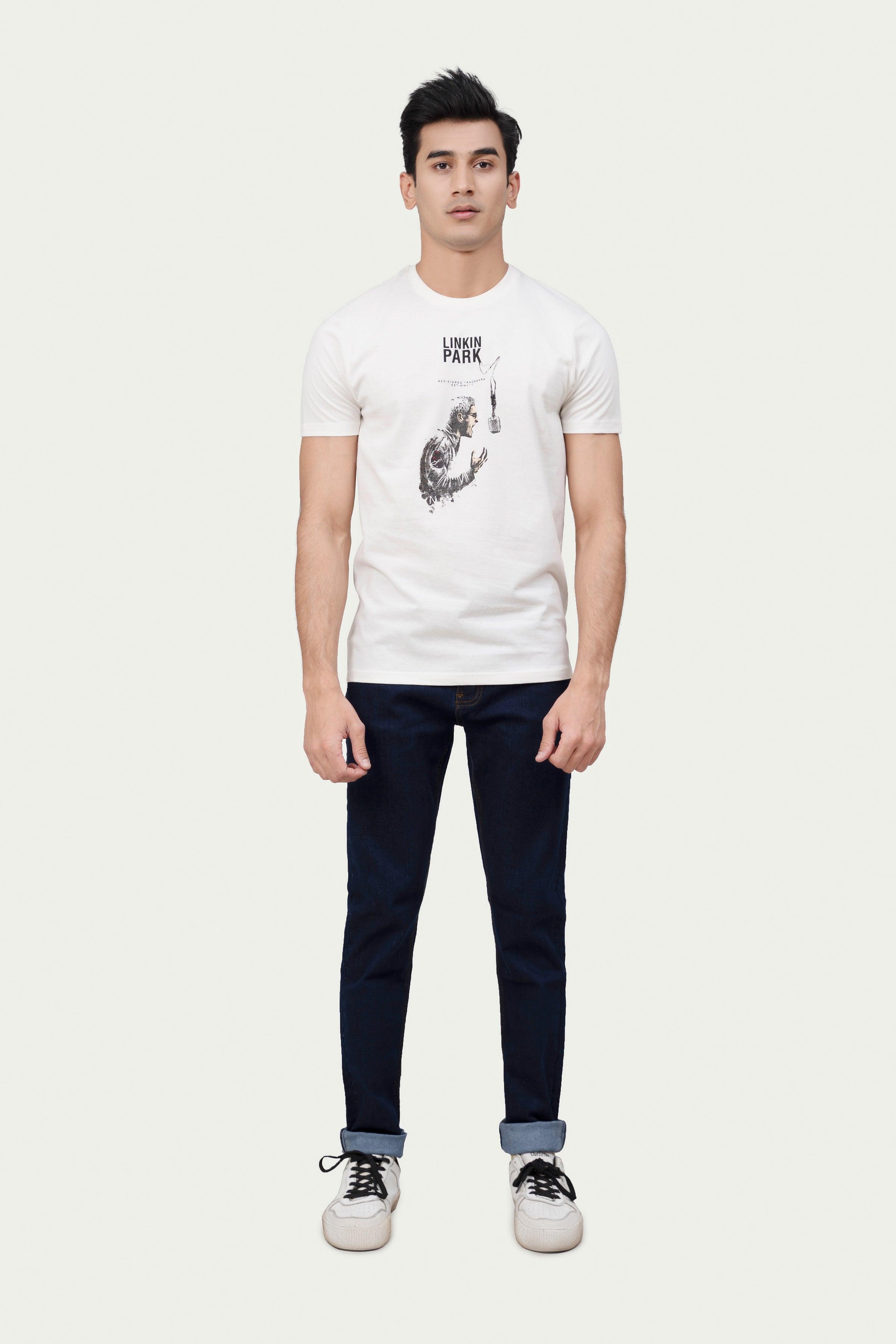 Off-white graphic T-shirt with Linkin Park logo and front illustration
