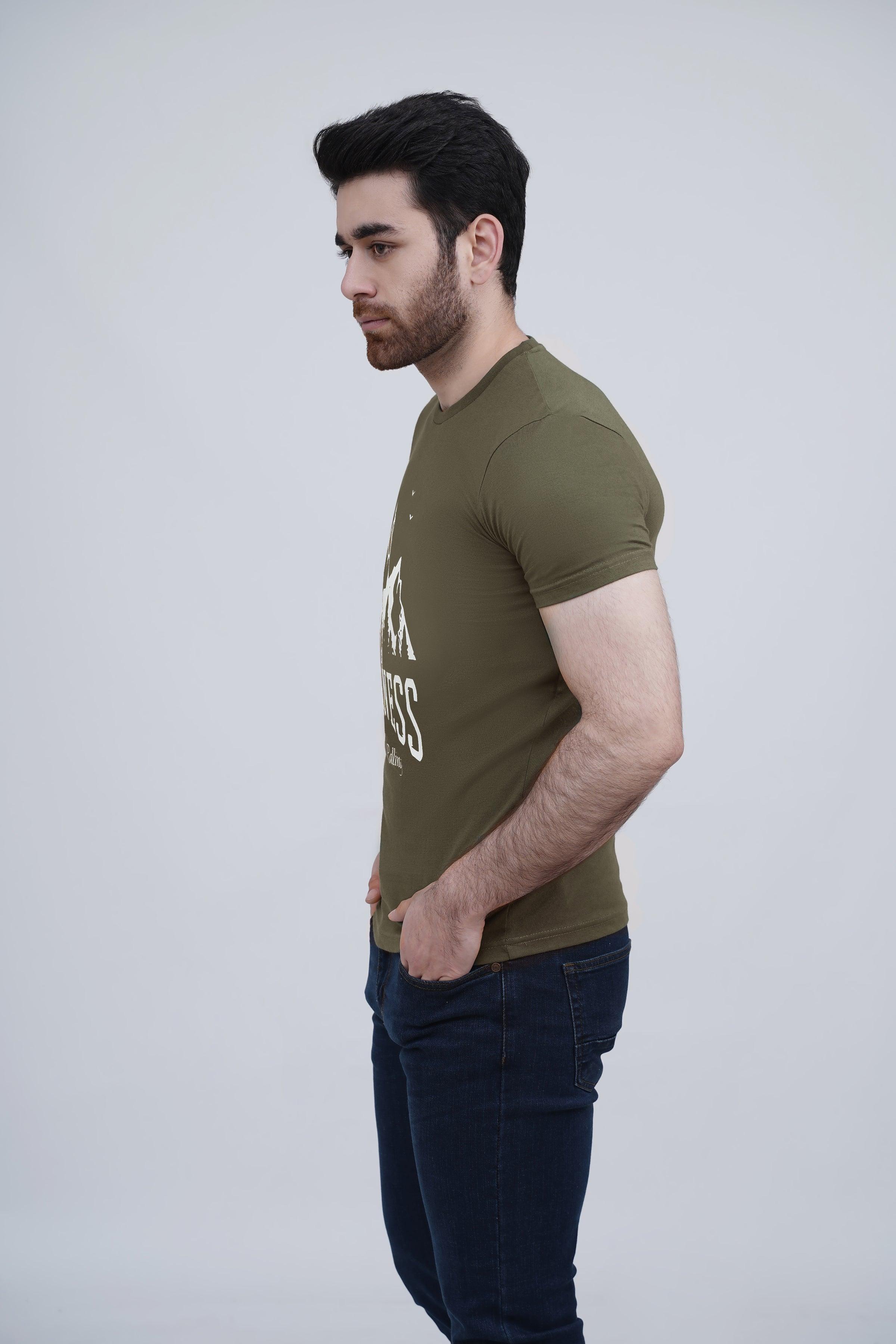 Olive green graphic T-shirt with mountain print, short sleeves, side profile