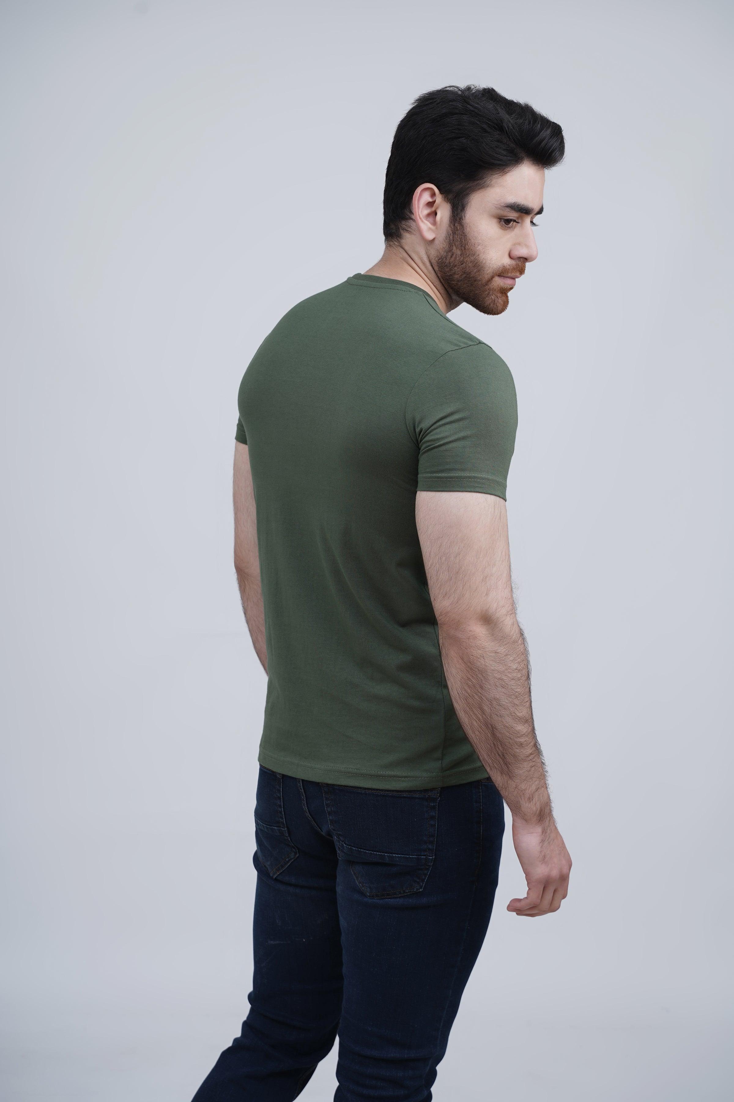 Olive graphic T-shirt, side/back view, short sleeves and crew neck