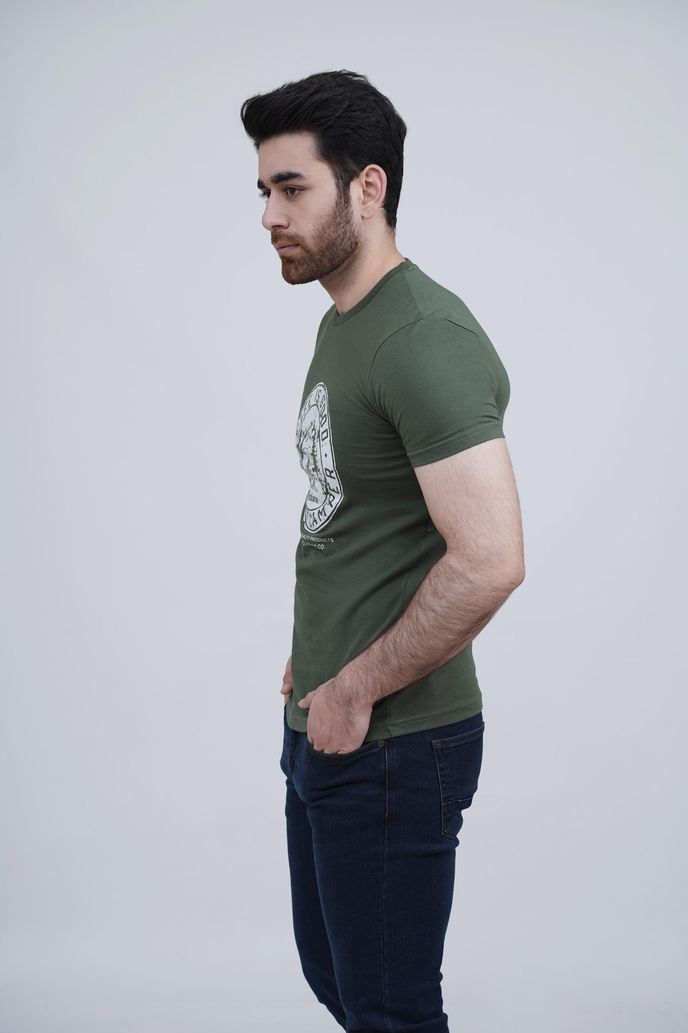 Olive graphic T-shirt, side view, short sleeves, crew neck, circular print