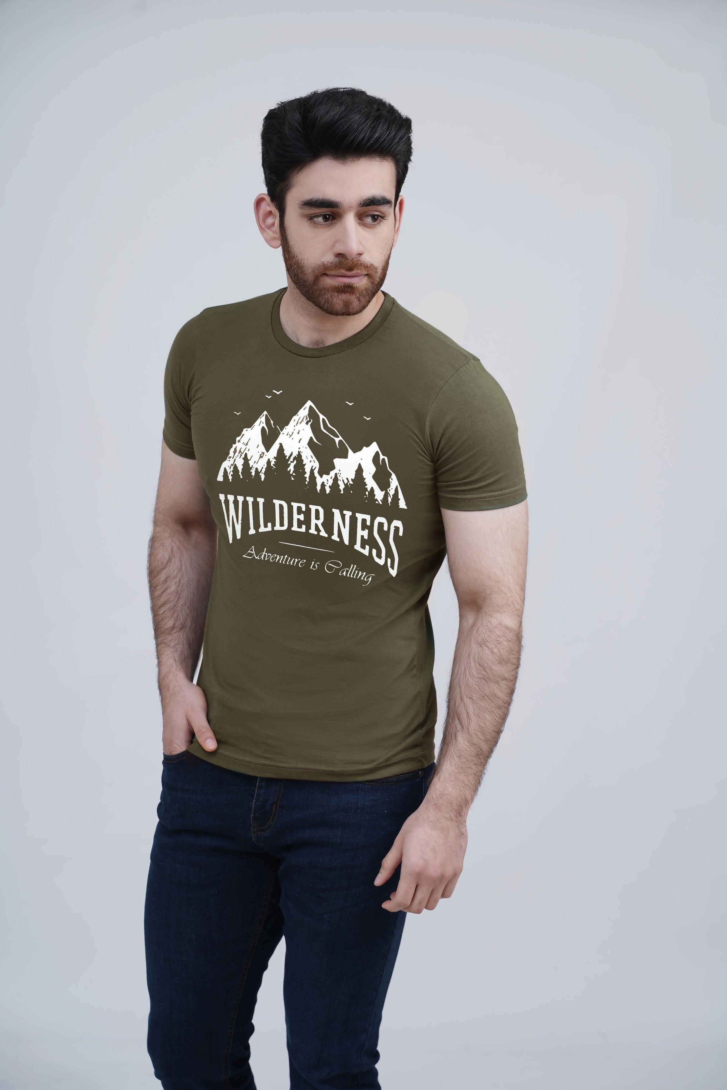 Olive green graphic T-shirt with mountain print on chest, crew neck, front view