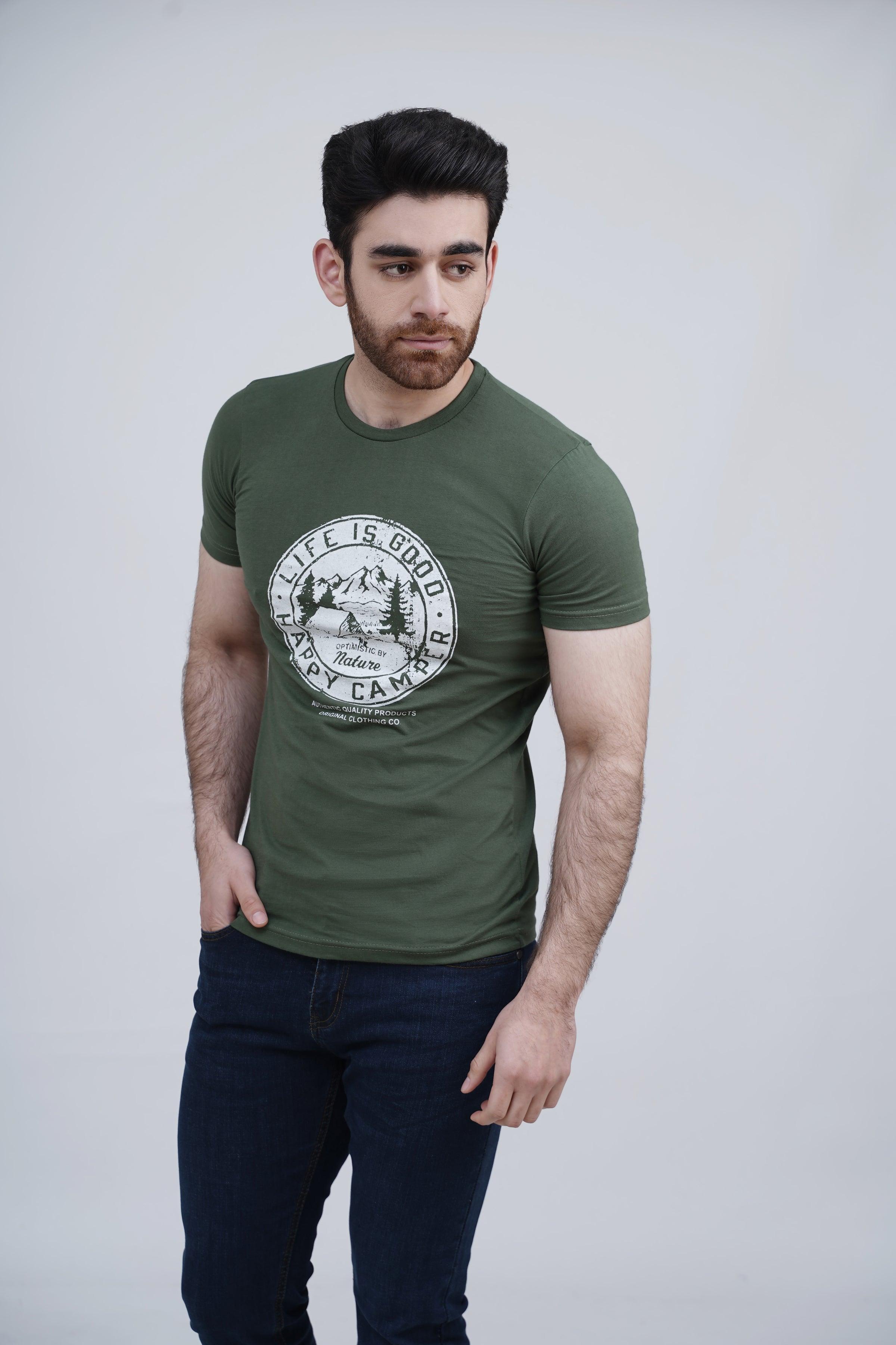 Olive graphic T-shirt with circular front print, short sleeves, crew neck