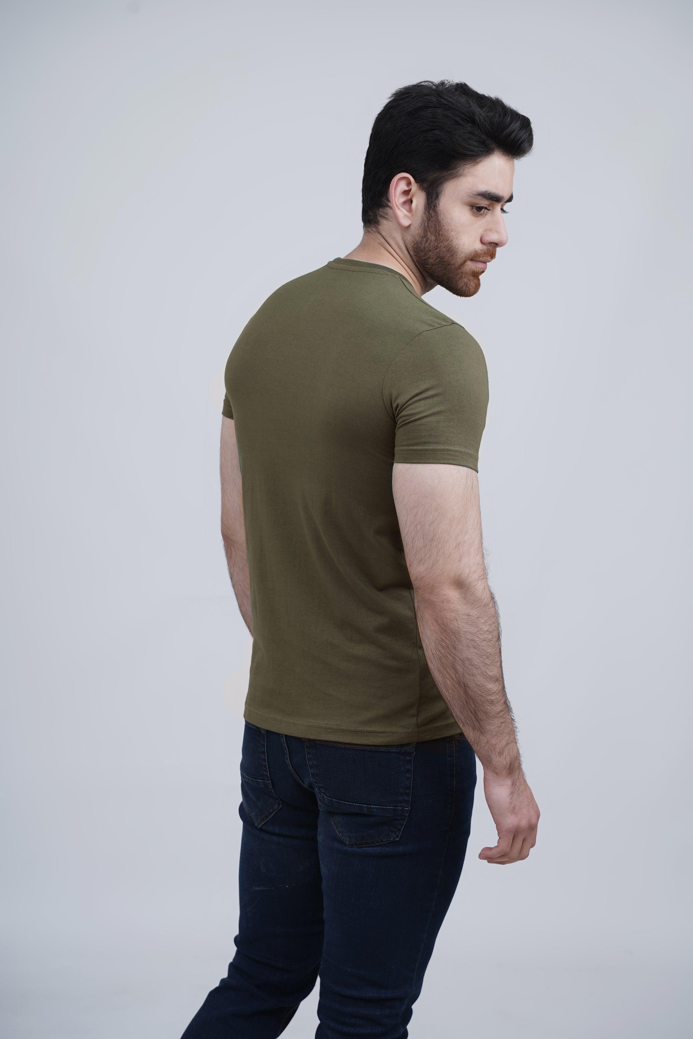 Olive green graphic T-shirt with short sleeves and crew neck, side view