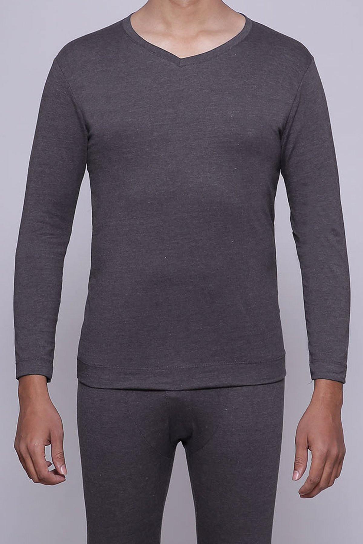 HEATTECH thermal top, dark grey long-sleeve V-neck T-shirt